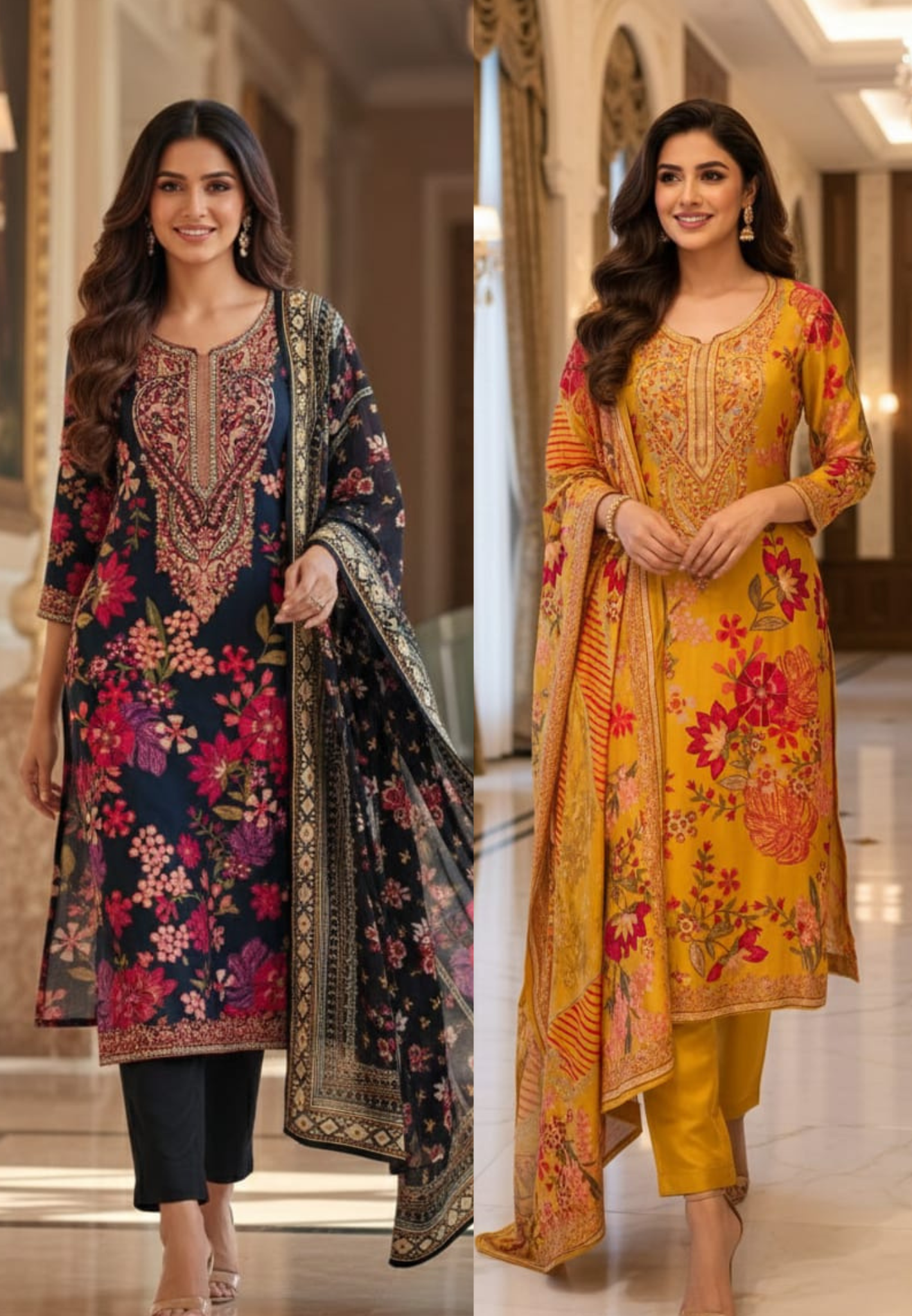 Digital Floral Placement Print Straight Full Suit Set With Dupatta In Muslin Fabric- 13153
