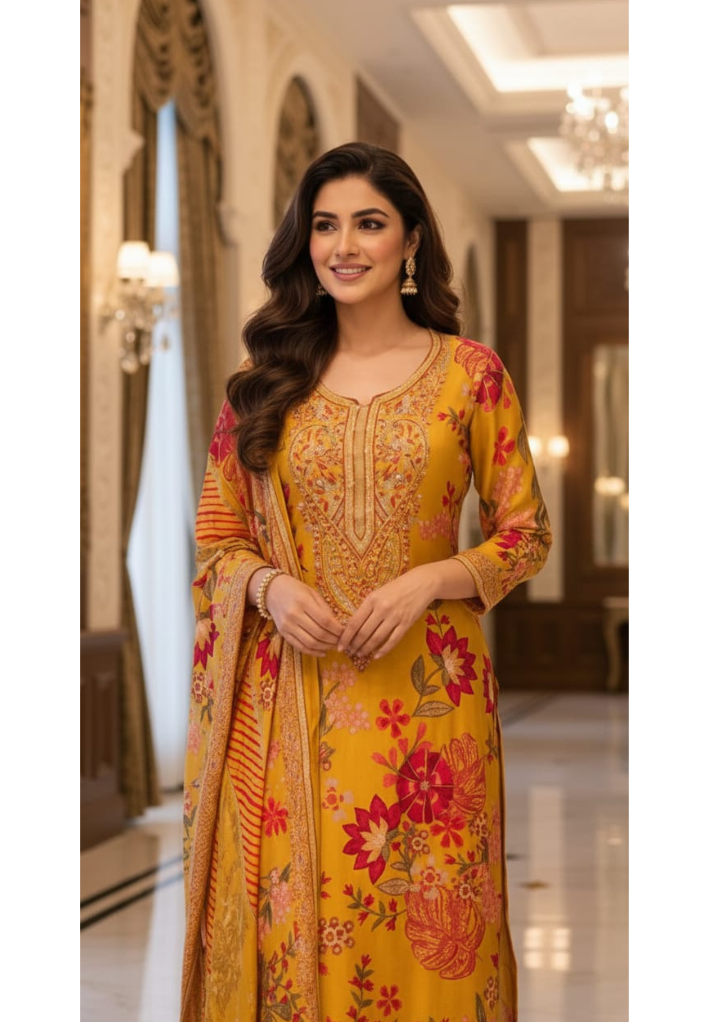 Digital Floral Placement Print Straight Full Suit Set With Dupatta In Muslin Fabric- 13153