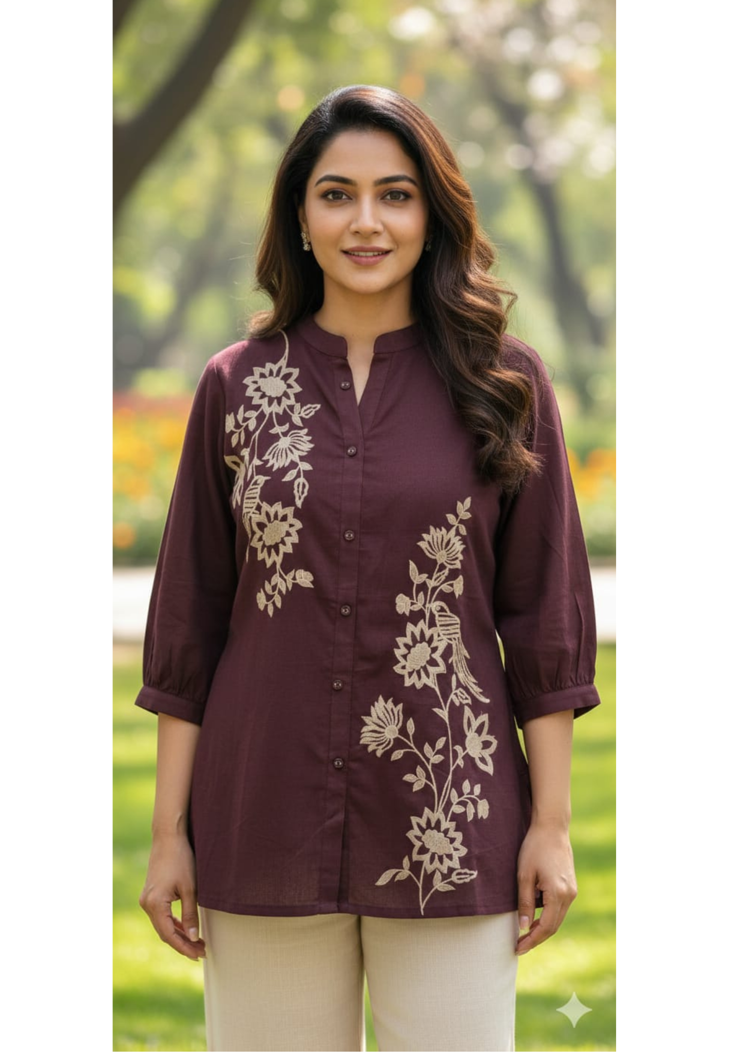 Minimal Thread Embroidered Mandarin Collared Flex Cotton Solid Short Kurti Only-13294