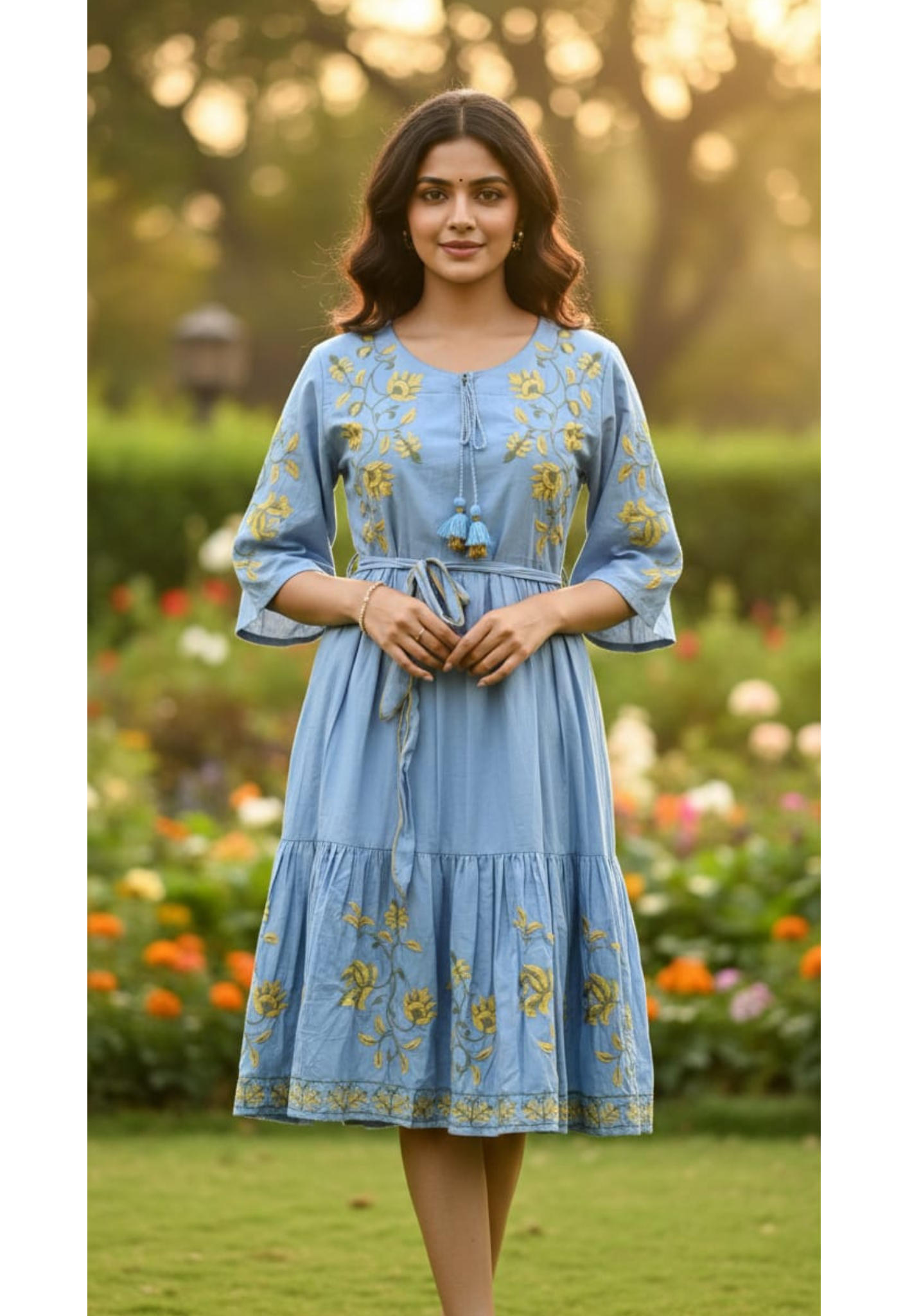 Meadow Grace Floral Thread Embroidered Flared Ankle Length Cotton Frock With Belt-13299