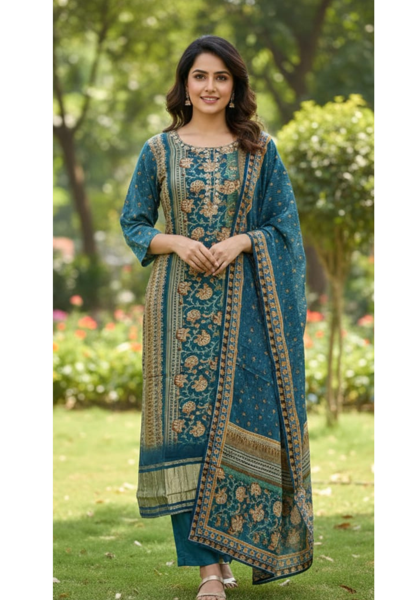 Royal Teal Olive Ajrakh Print Full Suit Set With Dupatta In Gajji Silk Fabric- 13289