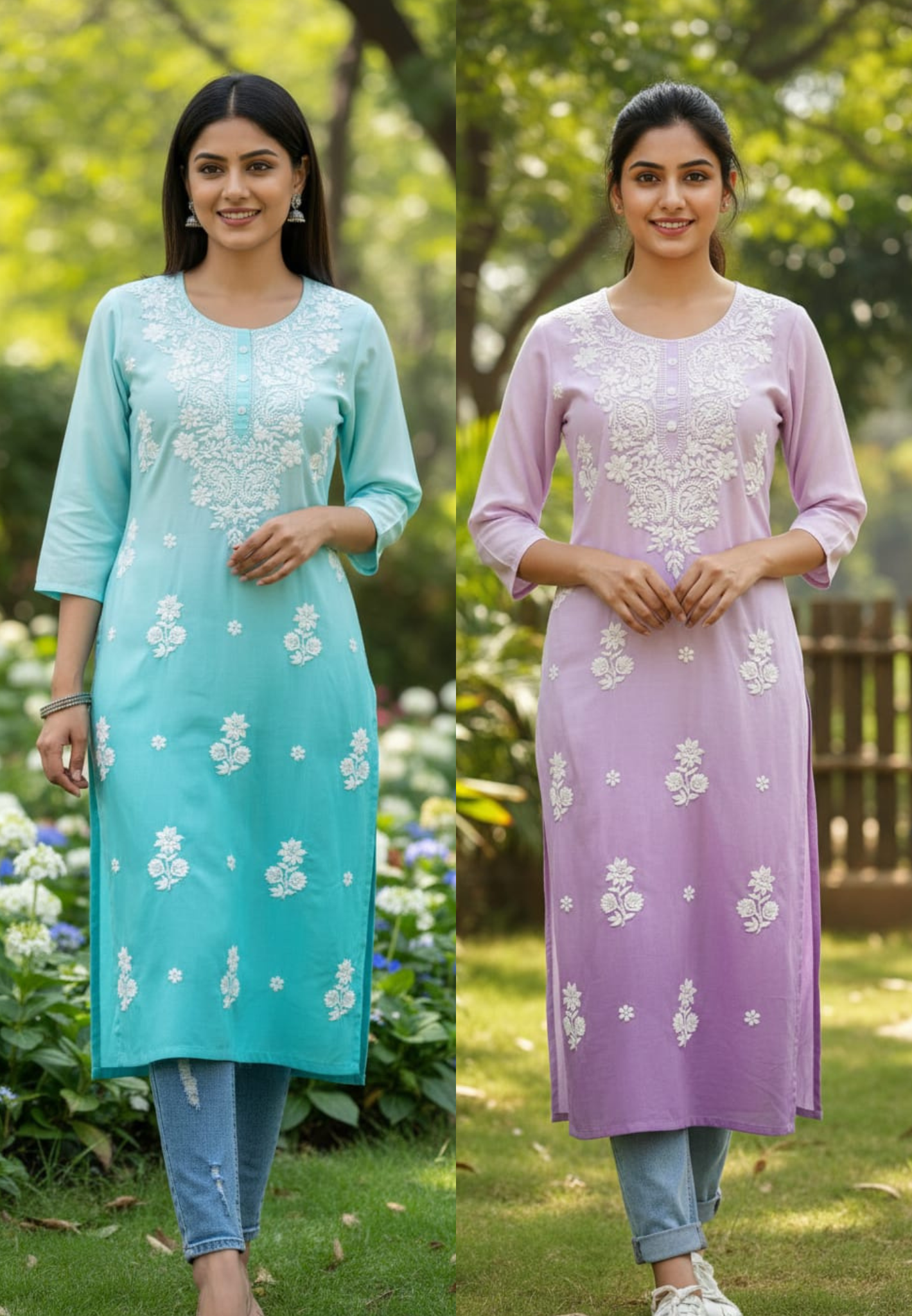 Dual Tone Pure Chikankari Work Cotton Kurti Only- 13271