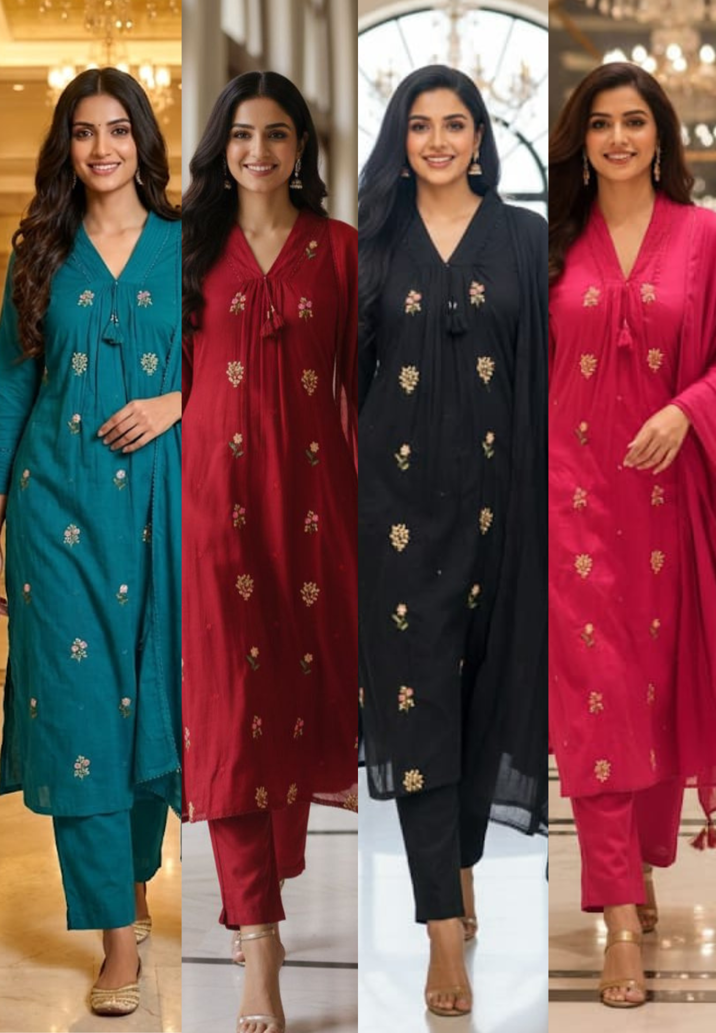 Premium Hand-Embroidered Aline Mul Cotton Kurta Pant Full Set With Tassel Detailing and Dupatta-12614,12615