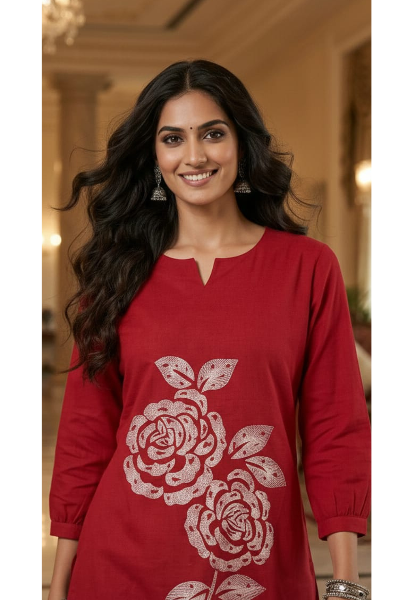 Rose Patched Embroidery Solid Casual Wear Short Kurti Only In Flex Cotton Fabric