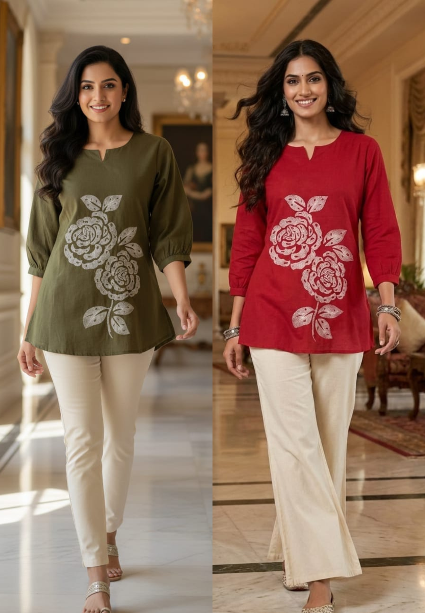 Rose Patched Embroidery Solid Casual Wear Short Kurti Only In Flex Cotton Fabric