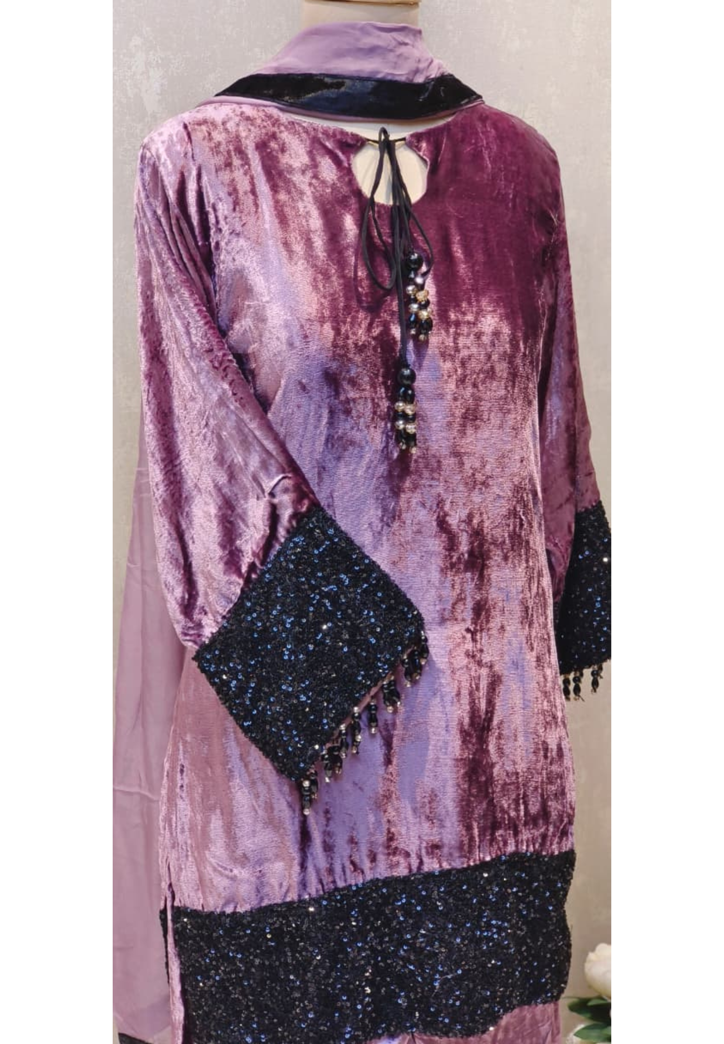 Designer Heavy Velvet Kurta with Sequin Work Sleeves, Embellished Hem and Straight Pants and Dupatta DRYWASH