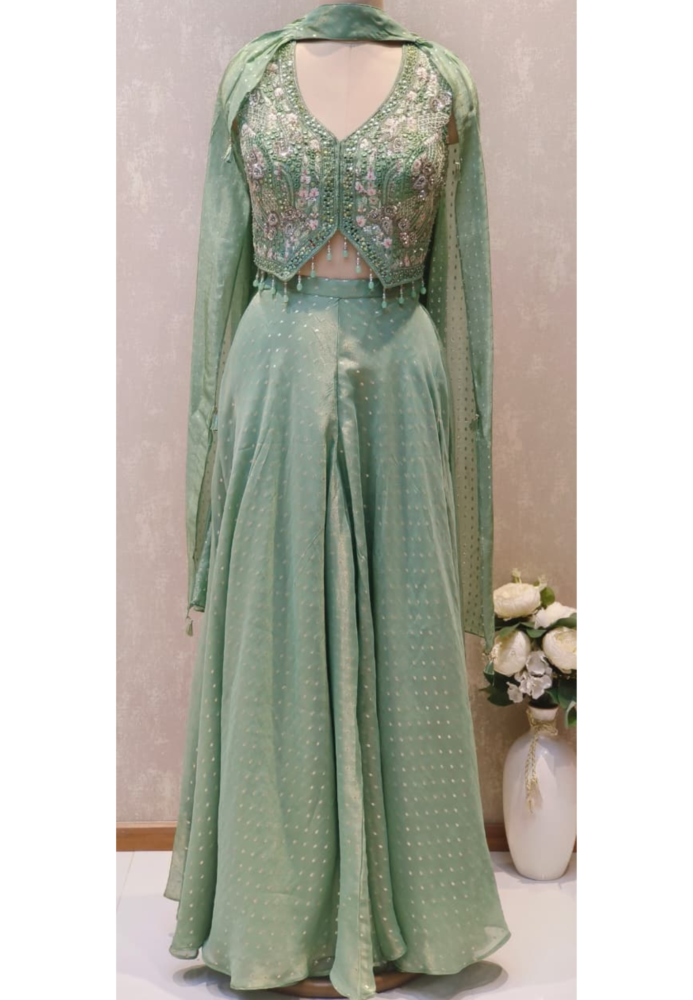 Designer Pastel Green Banarasi Silk Palazzo Set with Intricately Embellished Crop Top and Fully Hand worked Chokar DupattaDRYWASH