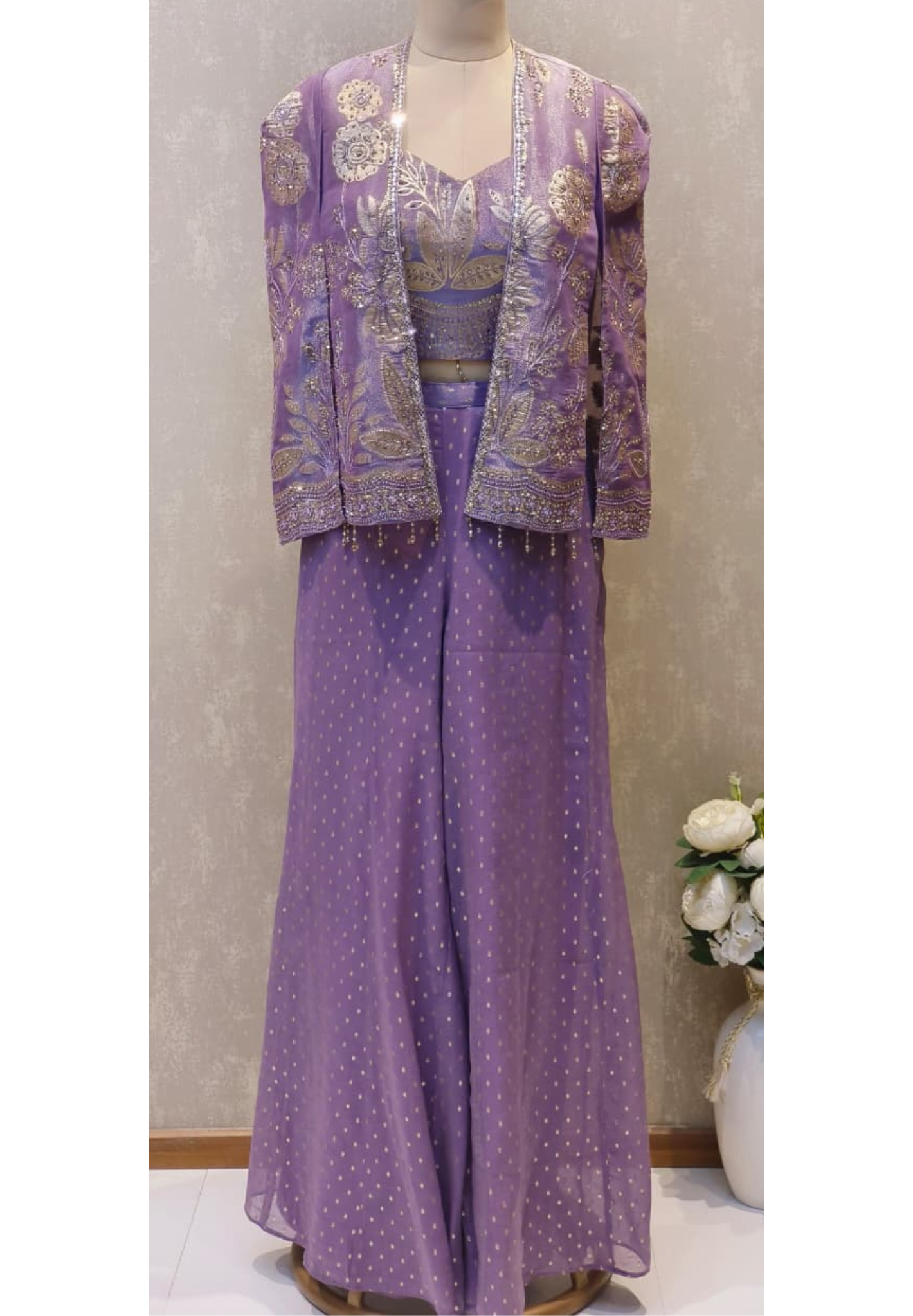 Luxury Banarasi Silk Three-Piece Co-ord Set with Heavy Zari Embroidered Jacket, Designer Padded Bustier & Flared Palazzo Pants DRYWASH