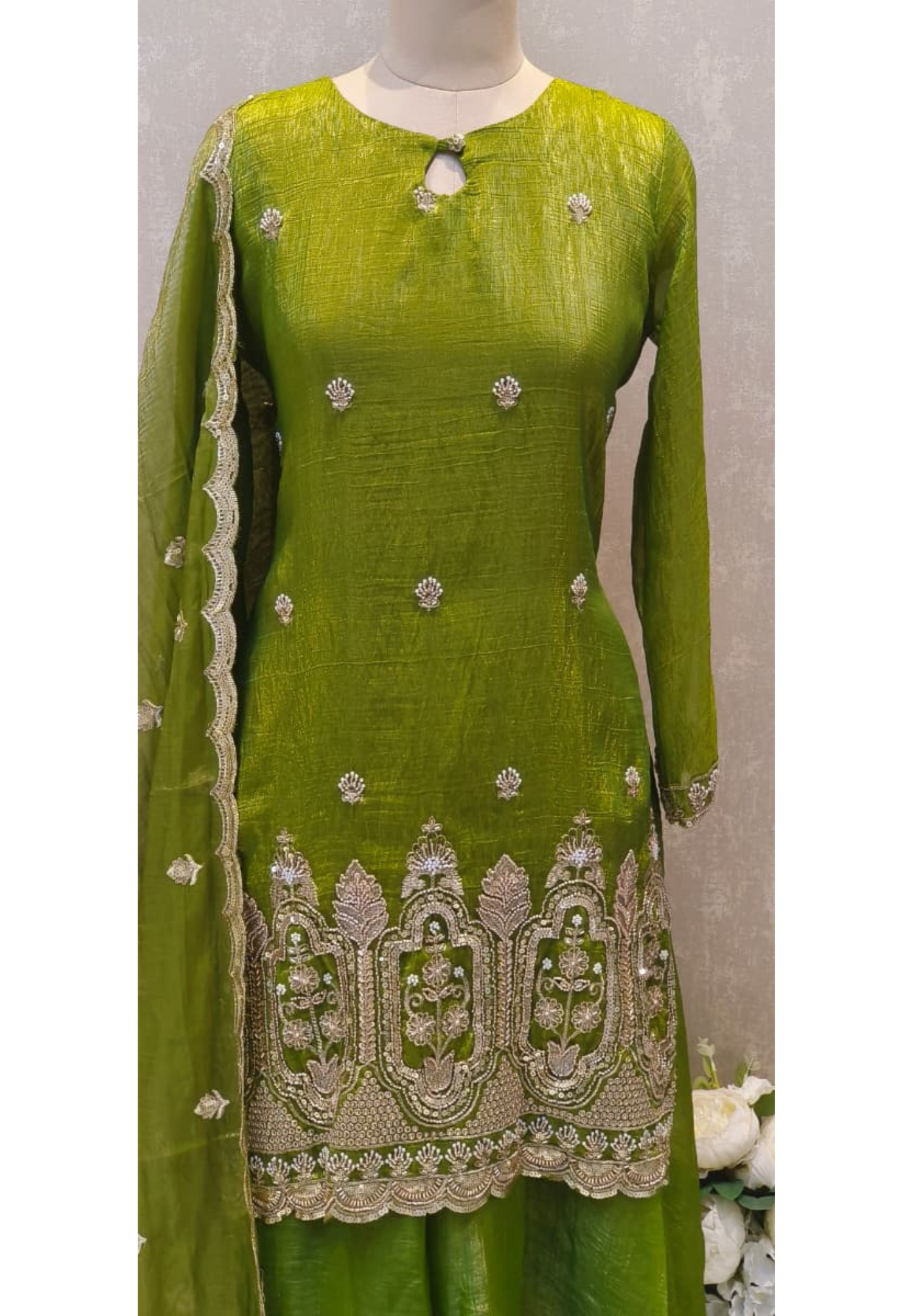 Royale Shimmer Tissue Suit Set Adorned with Intricate Thread–Zari Work, Flared Bottom & Embellished Dupatta-12585