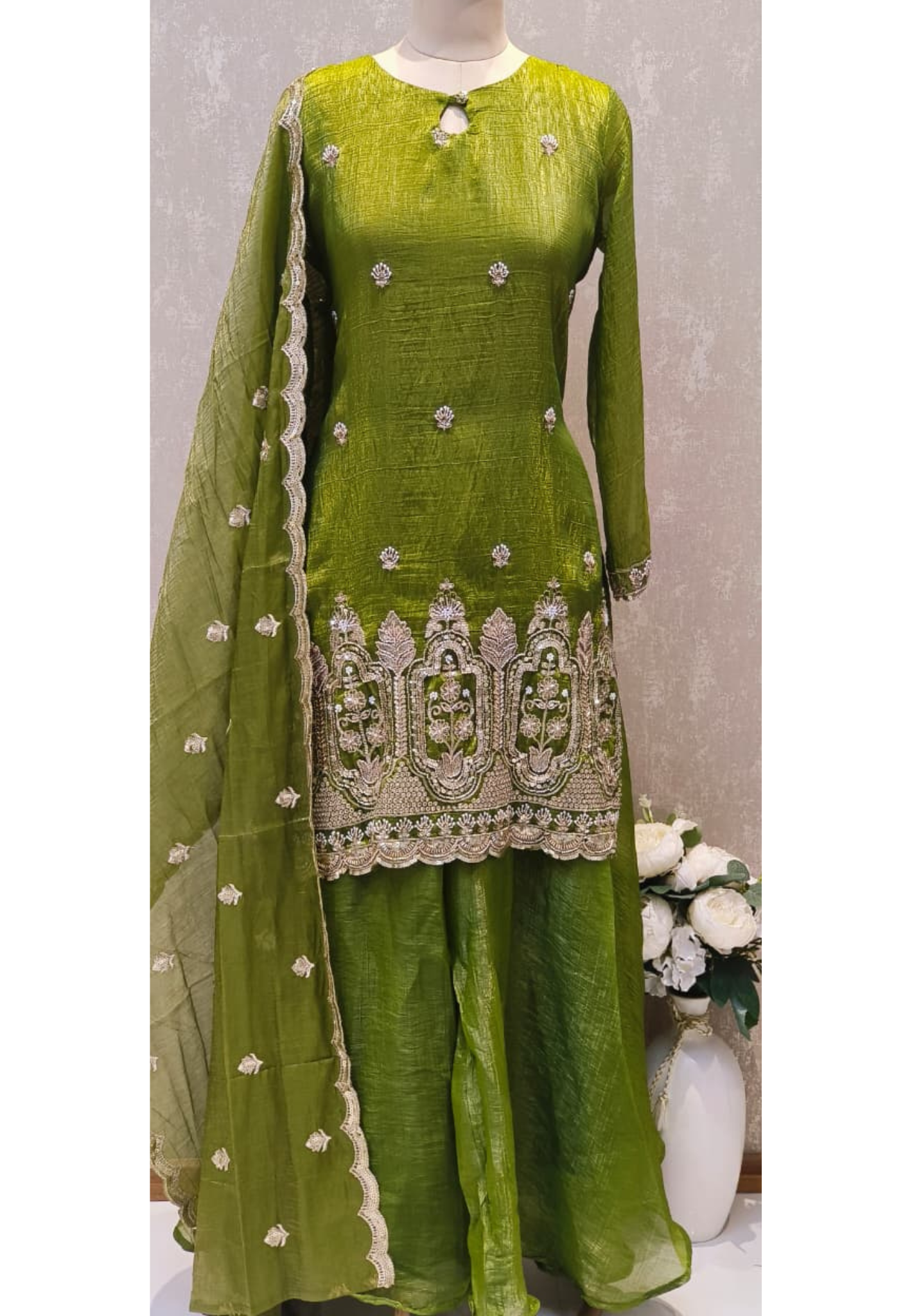 Royale Shimmer Tissue Suit Set Adorned with Intricate Thread–Zari Work, Flared Bottom & Embellished Dupatta-12585
