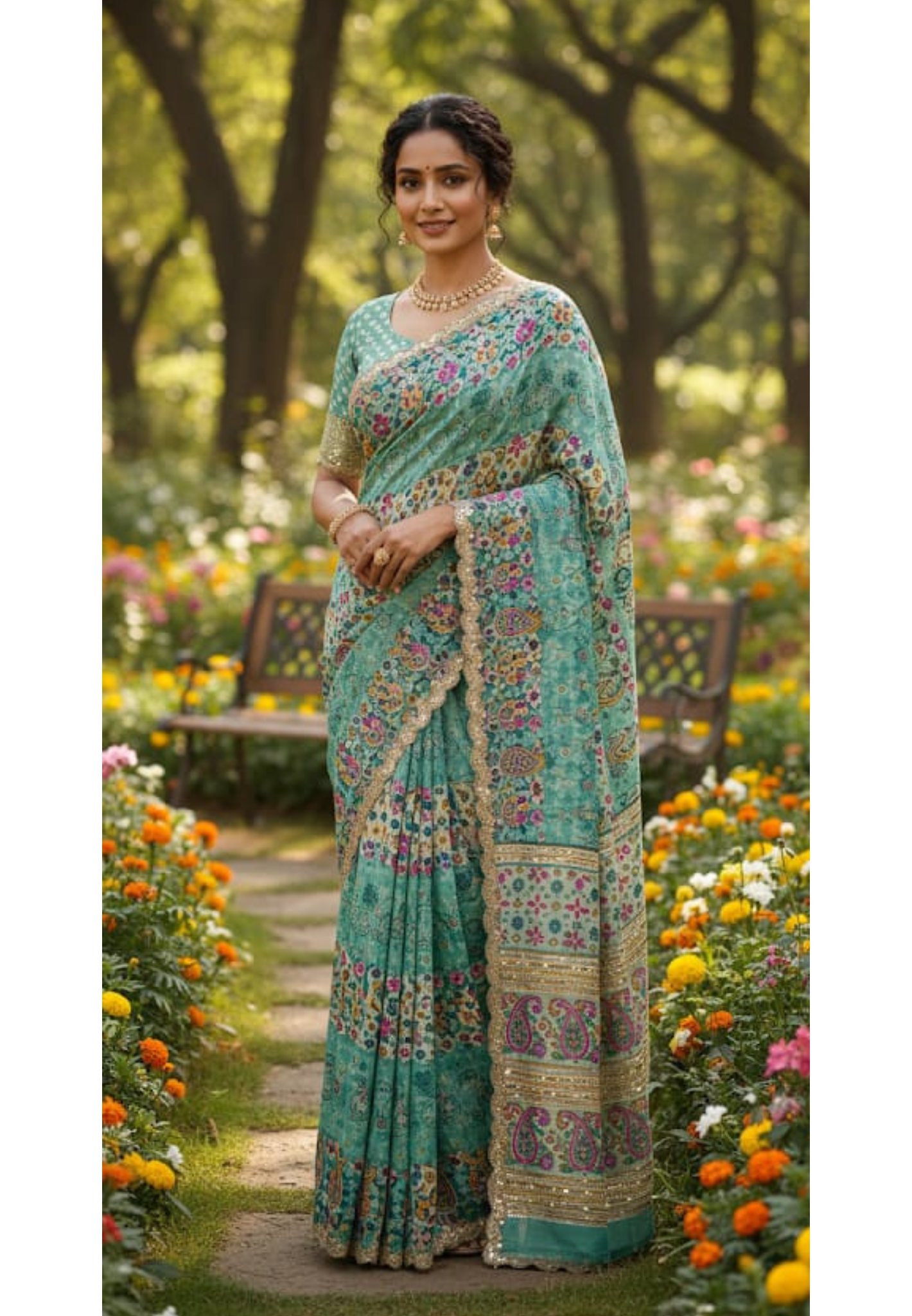 Dreamy Ethereal Aqua Multi Floral Printed Saree With Unstitched Blouse- 13343