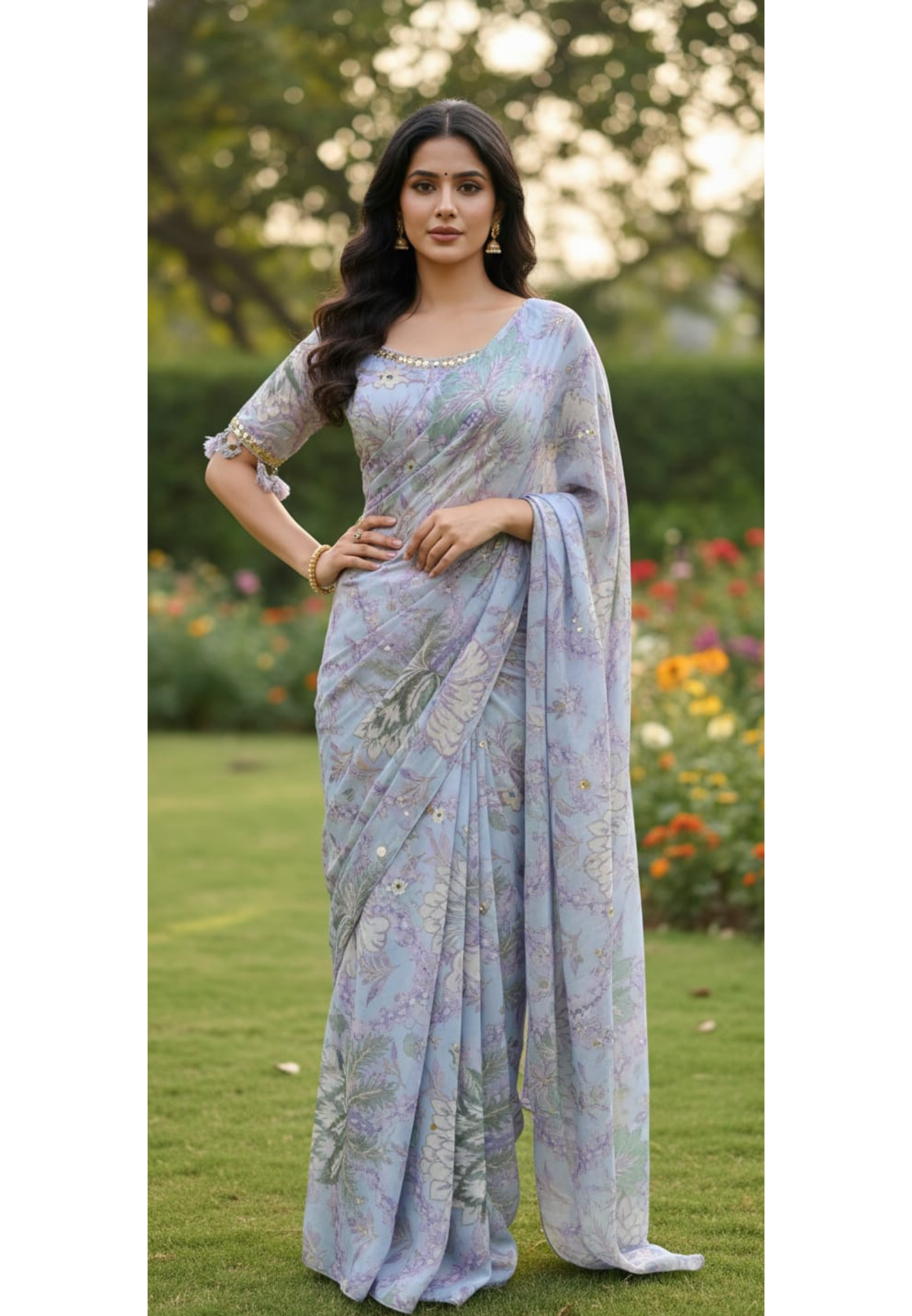 Pastel Floral Print With Delicate Embellishment Designer Saree With Stitched Blouse- 13340