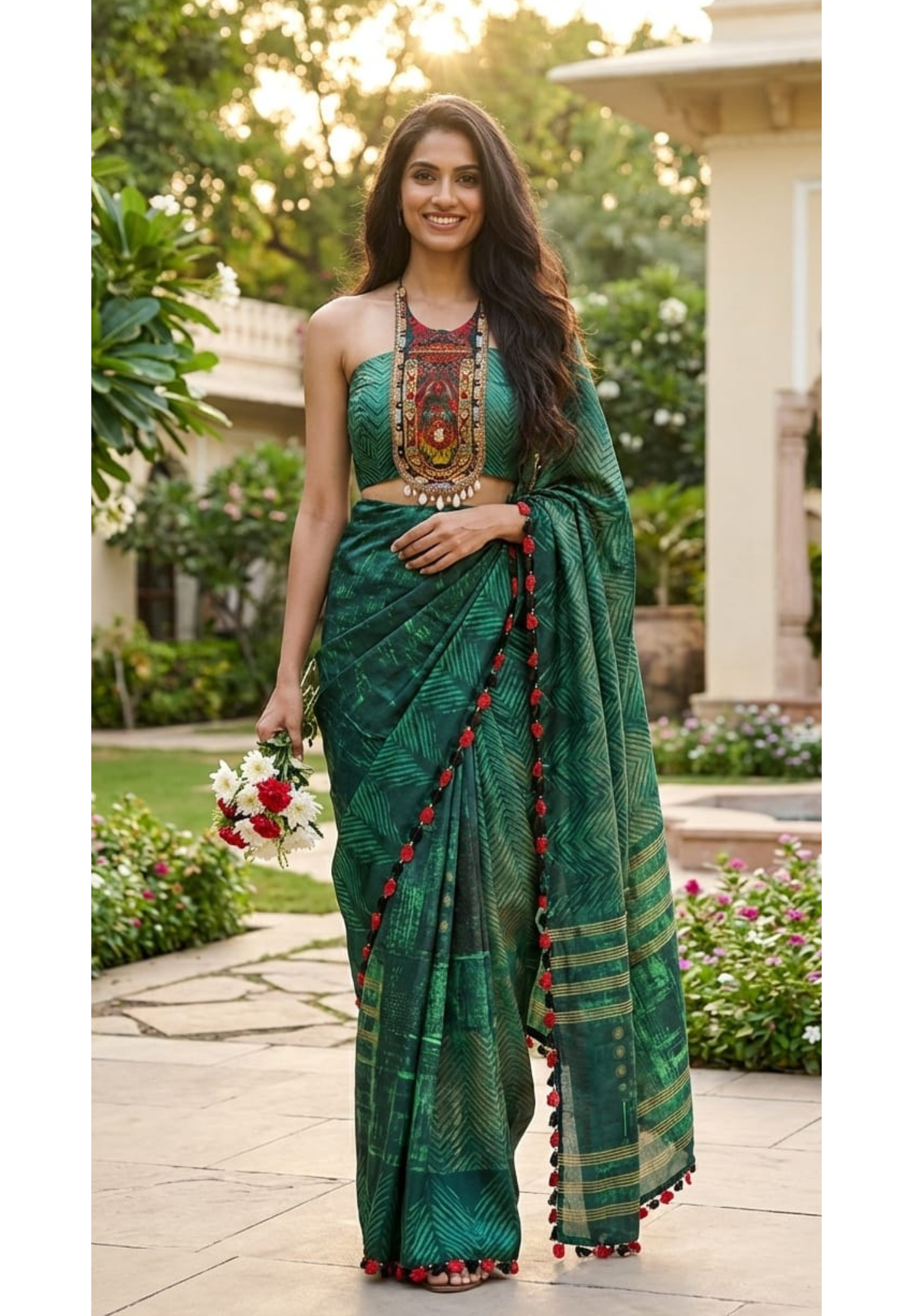 Urban Green Contemporary Printed Ethnic Bold Saree With Stylish Stitched Blouse- 13334