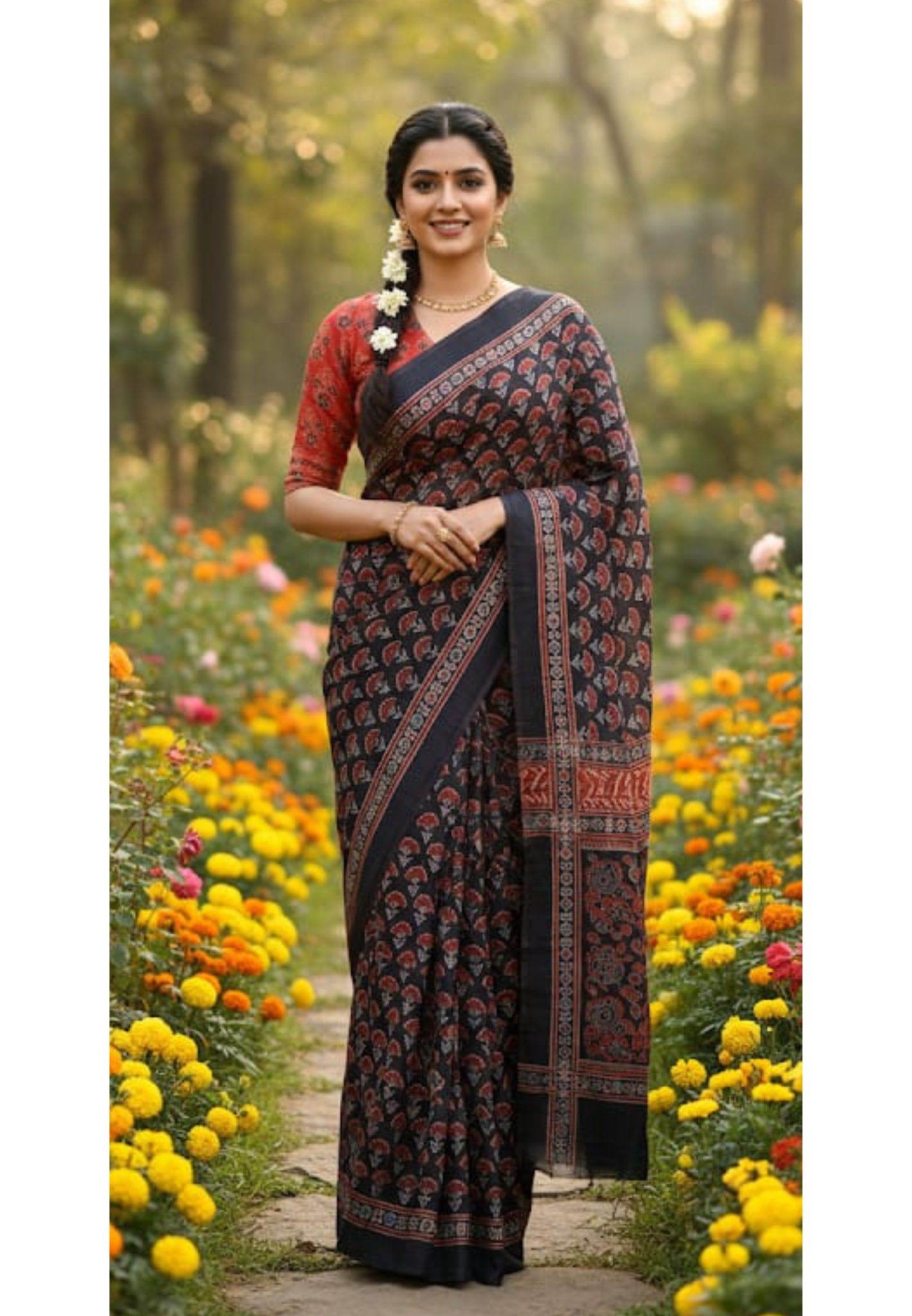 Vanika Floral Ethnic Print Dark Shade Saree With Unstitched Blouse
