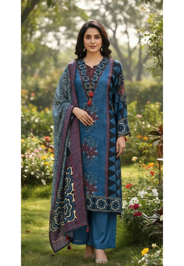 Classy Vintage Printed A-Line Full Suit Set With Dupatta In Dola Silk Fabric- 13351