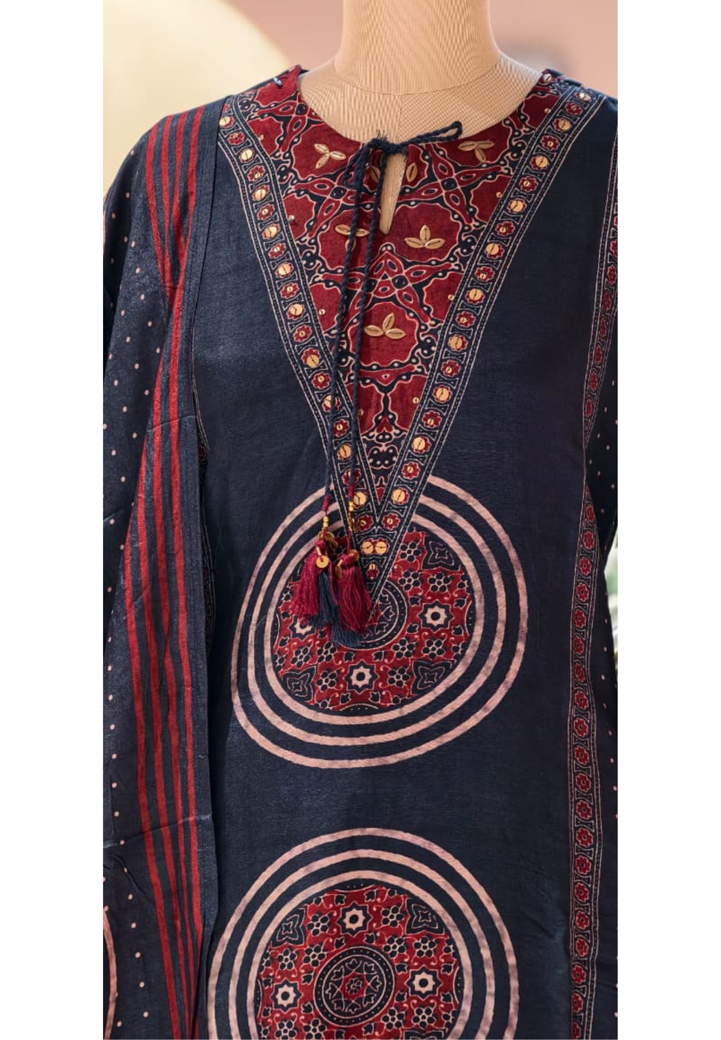 Foil Neck Line Rich Printed A-Line Full Suit Set With Dupatta In Dola Silk- 13348