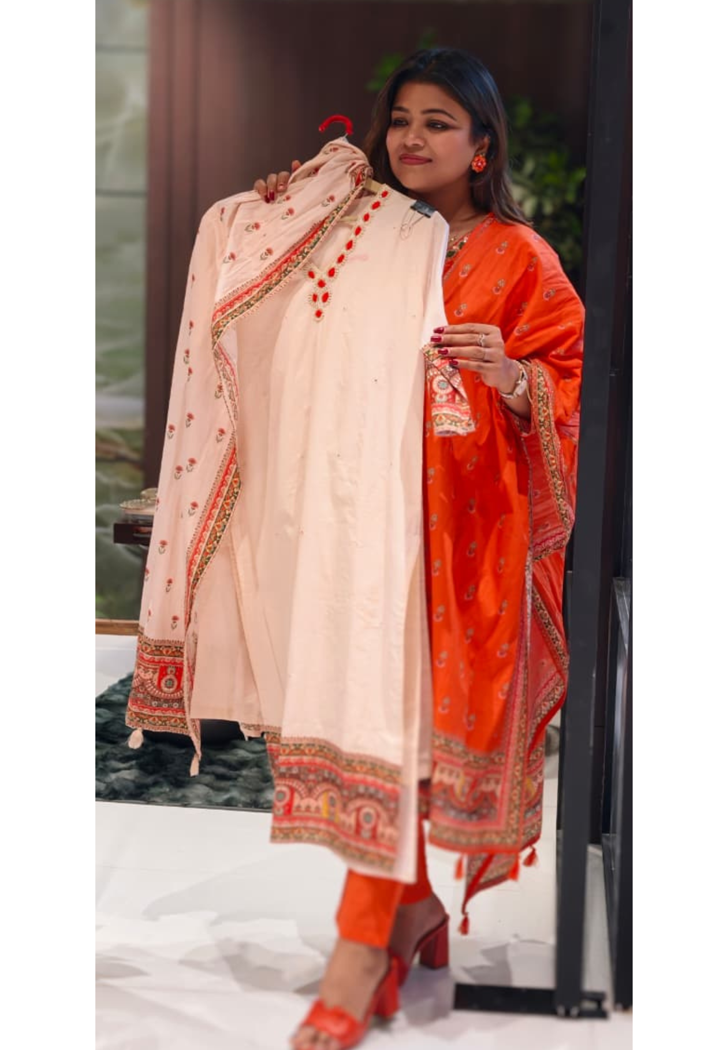 Unique Rajasthani Look Bordered Cotton Full Suit Set With Plain Bottom & Dupatta- 13357