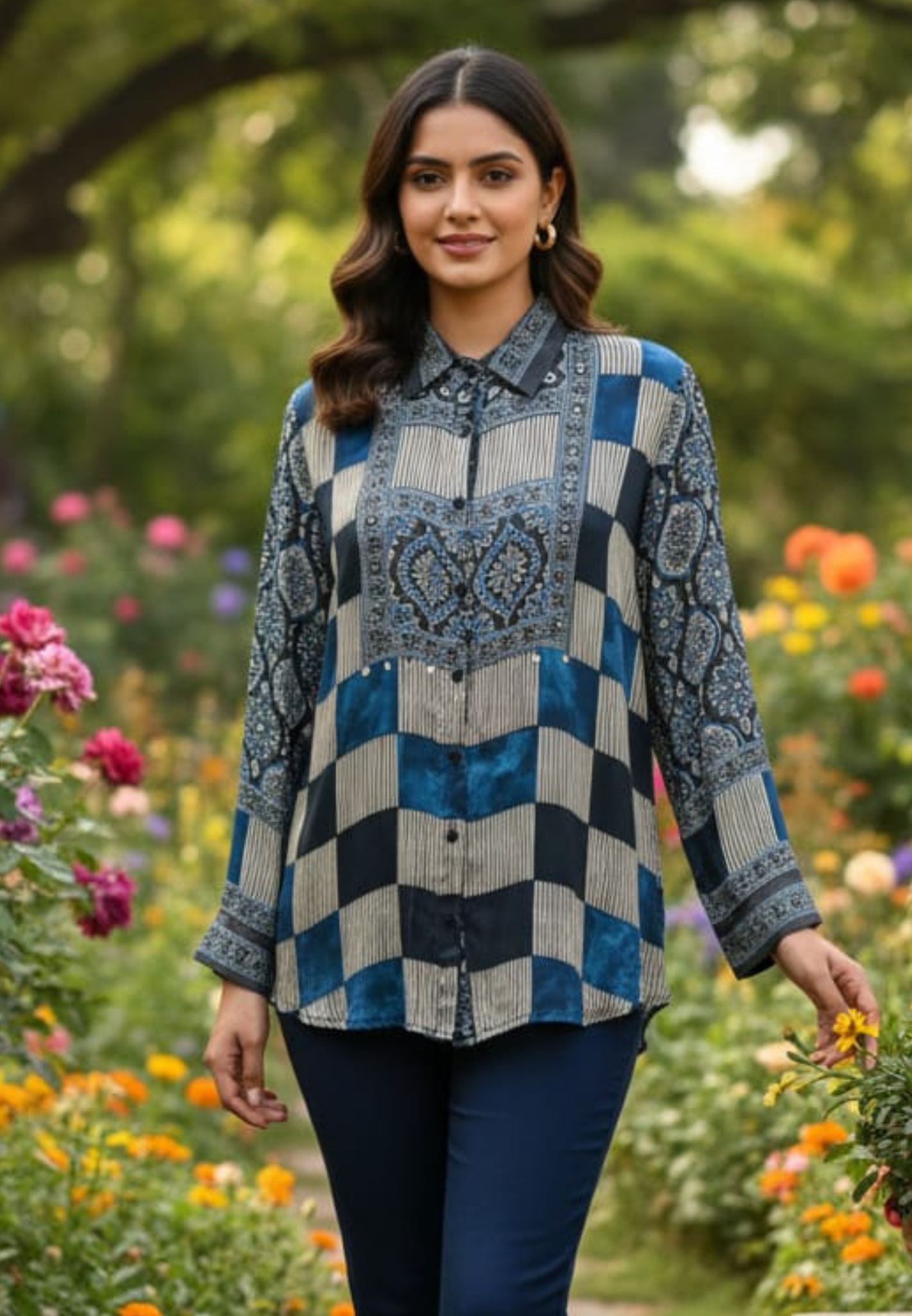 Boxed With Striped & Ajrakh Print Stylish Crepe Shirt- 13347