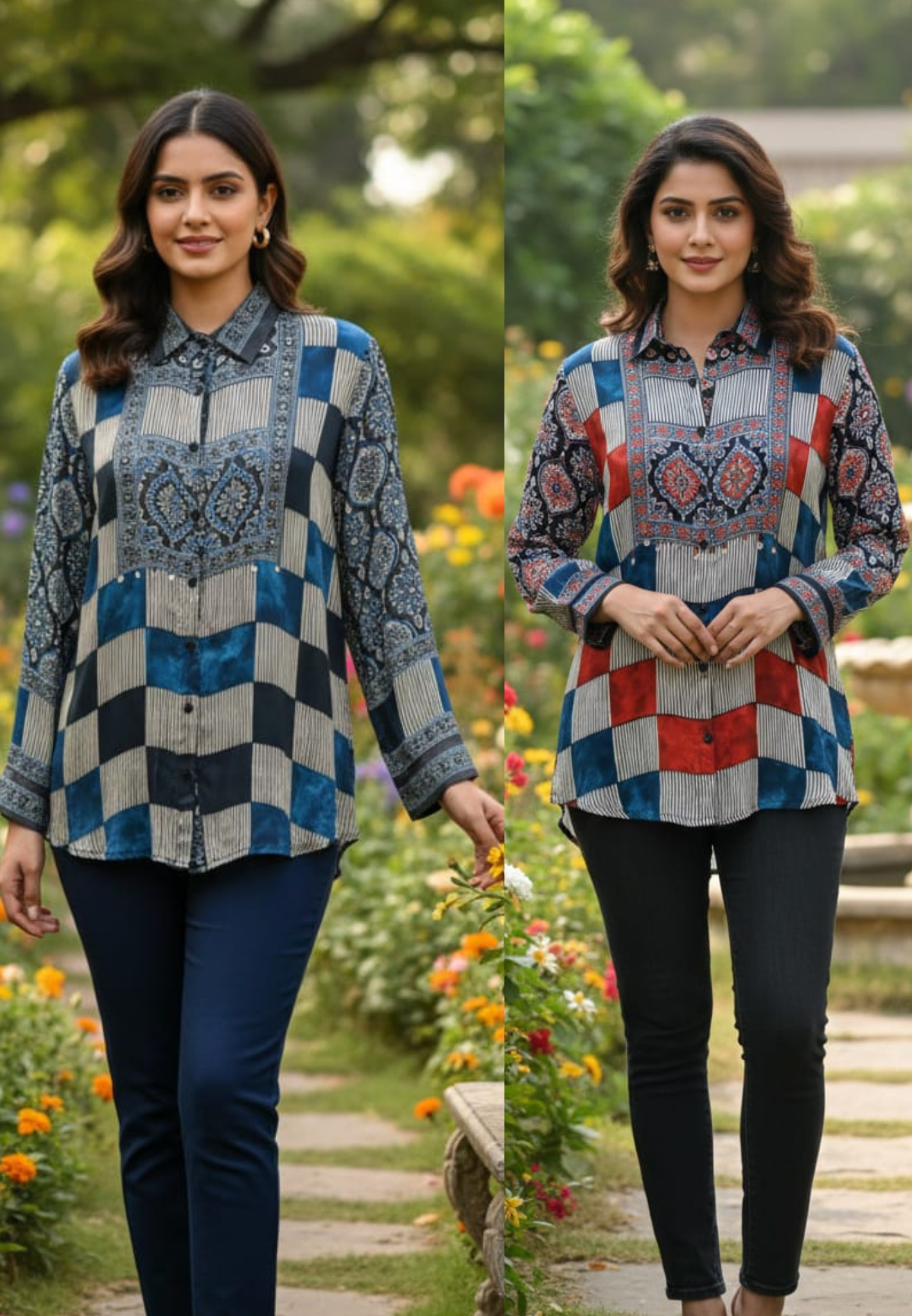 Boxed With Striped & Ajrakh Print Stylish Crepe Shirt- 13347
