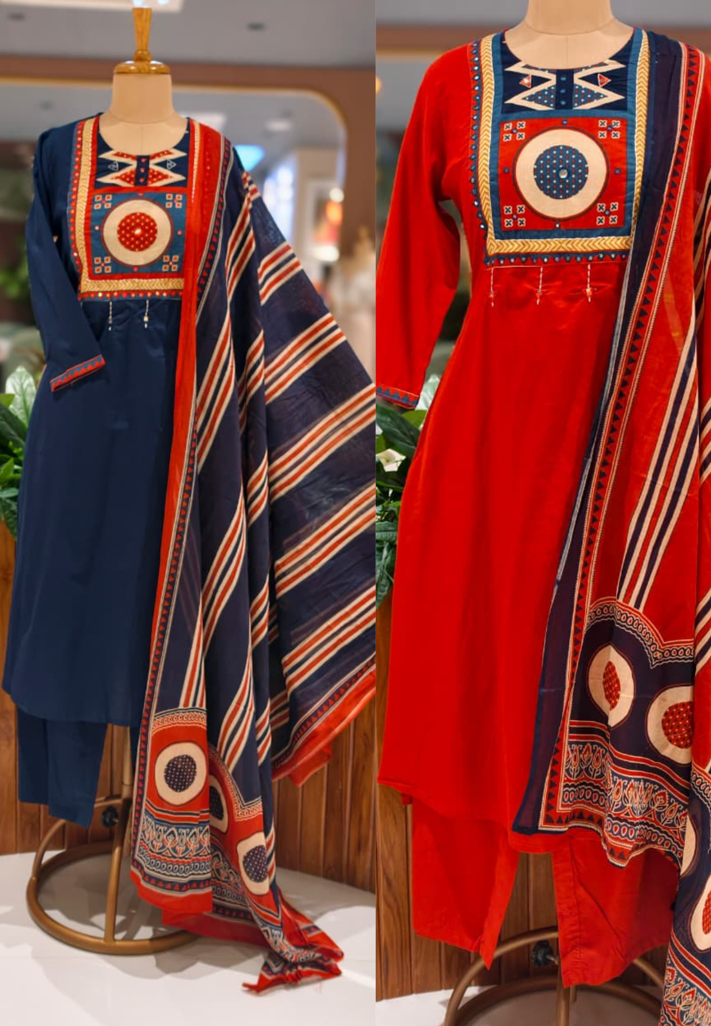 Premium Cotton  Kurta Pant Dupatta Set with Traditional Geometric Print Yoke, Contrast Borders, Elegant Straight Silhouette & Printed Dupatta-13402