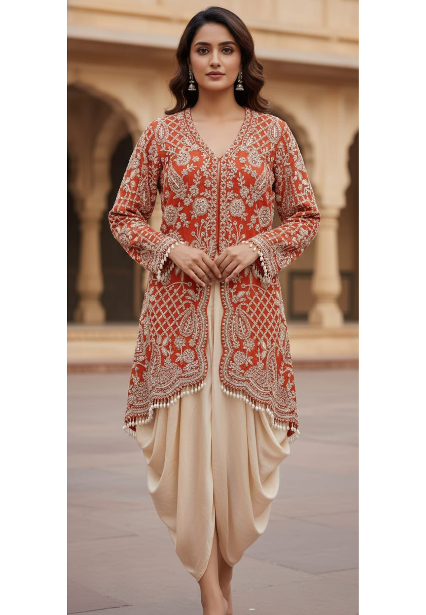 Graceful Sunset Heavy Hand Embroidered Work Embellished Festive Wear Kurta With Tulip Kind Bottom- 12966