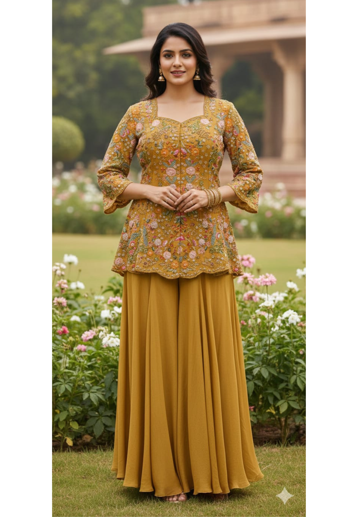 Ethereal Mustard Garden Floral Highlight Embroidered Designer Kurta With Loose Flared Bottom- 13323
