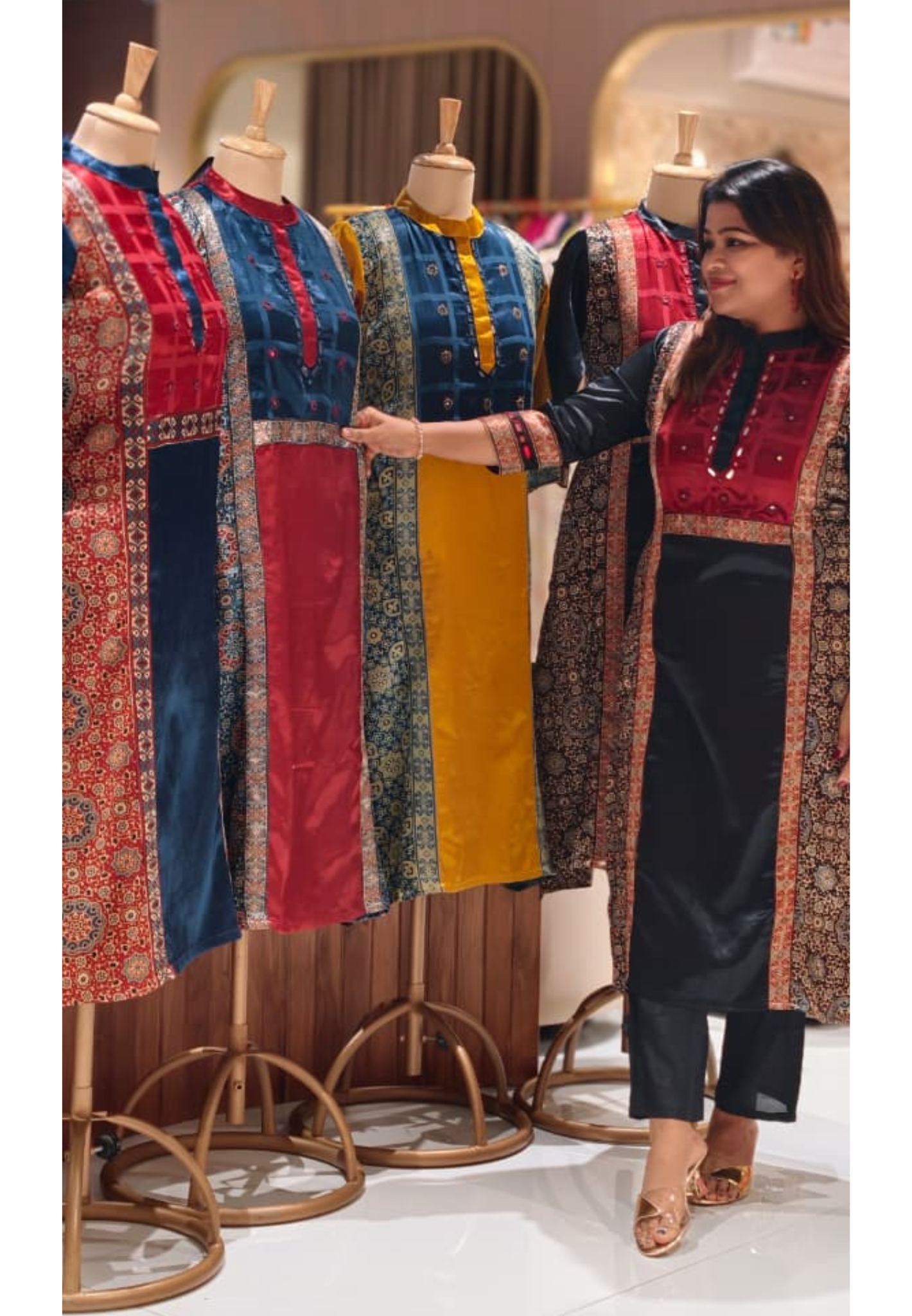 Mirror Work Cobalt Stripe Printed Gajji Silk A-Line Long Kurti Only With Side Pockets