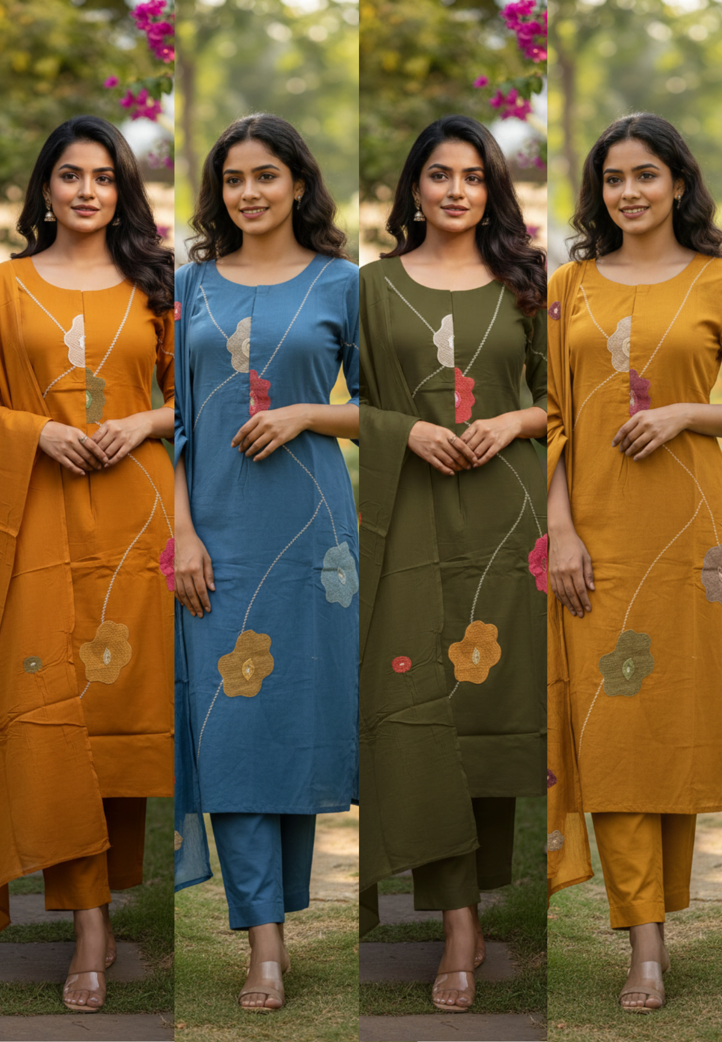 Delicate Floral Appliqué With Linear Contrast Embroidery Cotton Full Suit Set With Dupatta