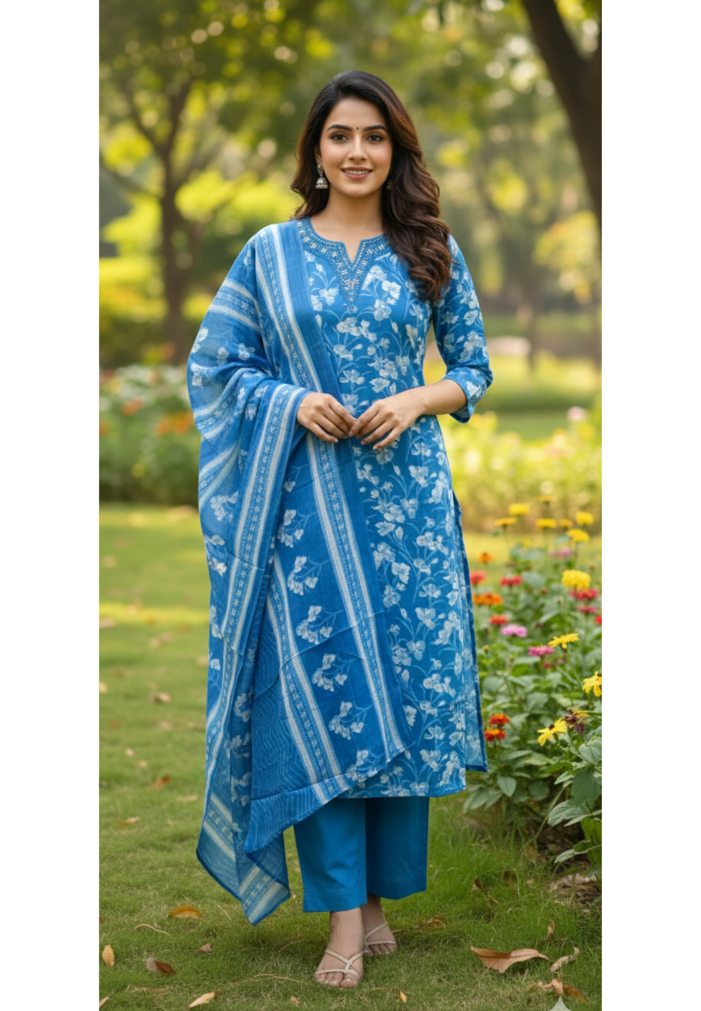 Aqua Melodic Floral Bloom Printed Cotton Full Suit Set With Dupatta-13553
