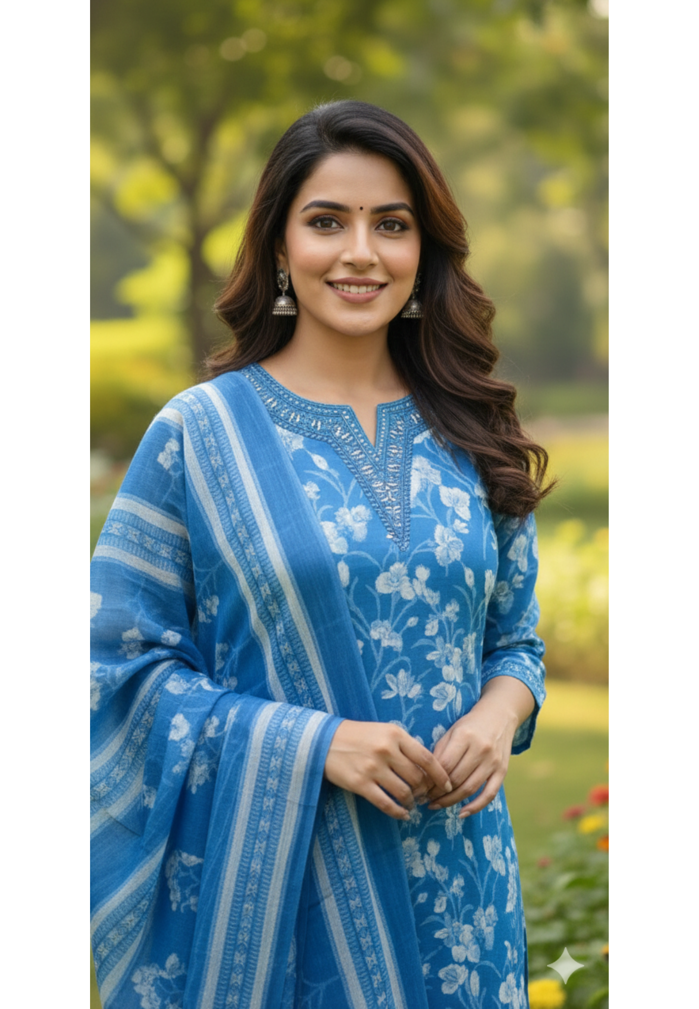 Aqua Melodic Floral Bloom Printed Cotton Full Suit Set With Dupatta-13553