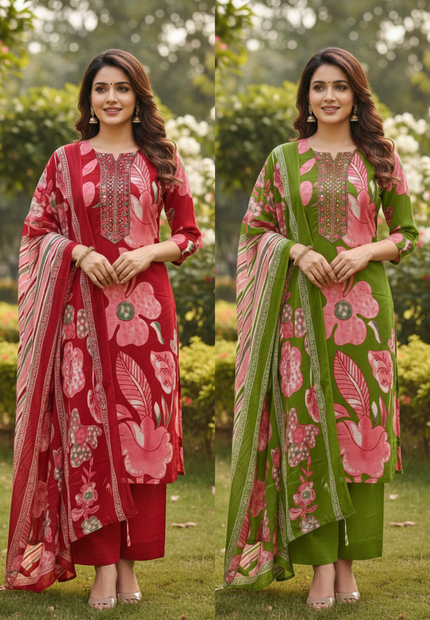 Botanical Emerald Petal Muse Printed Cotton Full Suit Set With Dupatta-13553