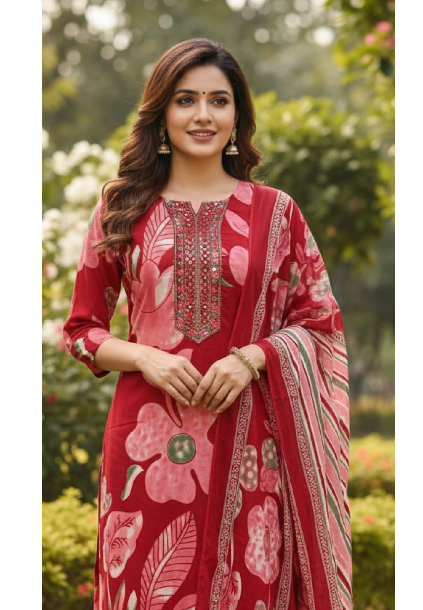 Botanical Emerald Petal Muse Printed Cotton Full Suit Set With Dupatta-13553