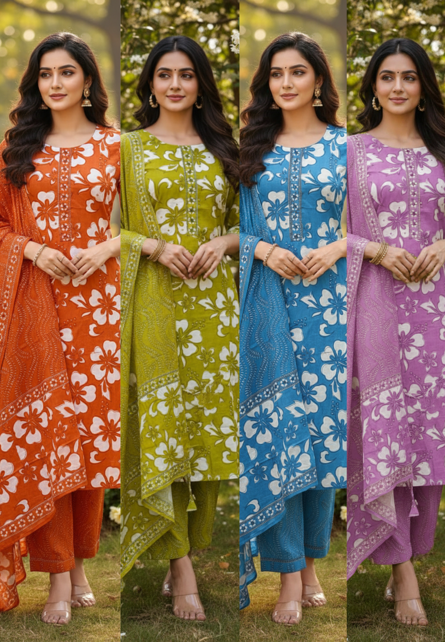 Hibiscus Garden Intricate Embroidery Neckline Cotton Full Suit Set With Dupatta-13553