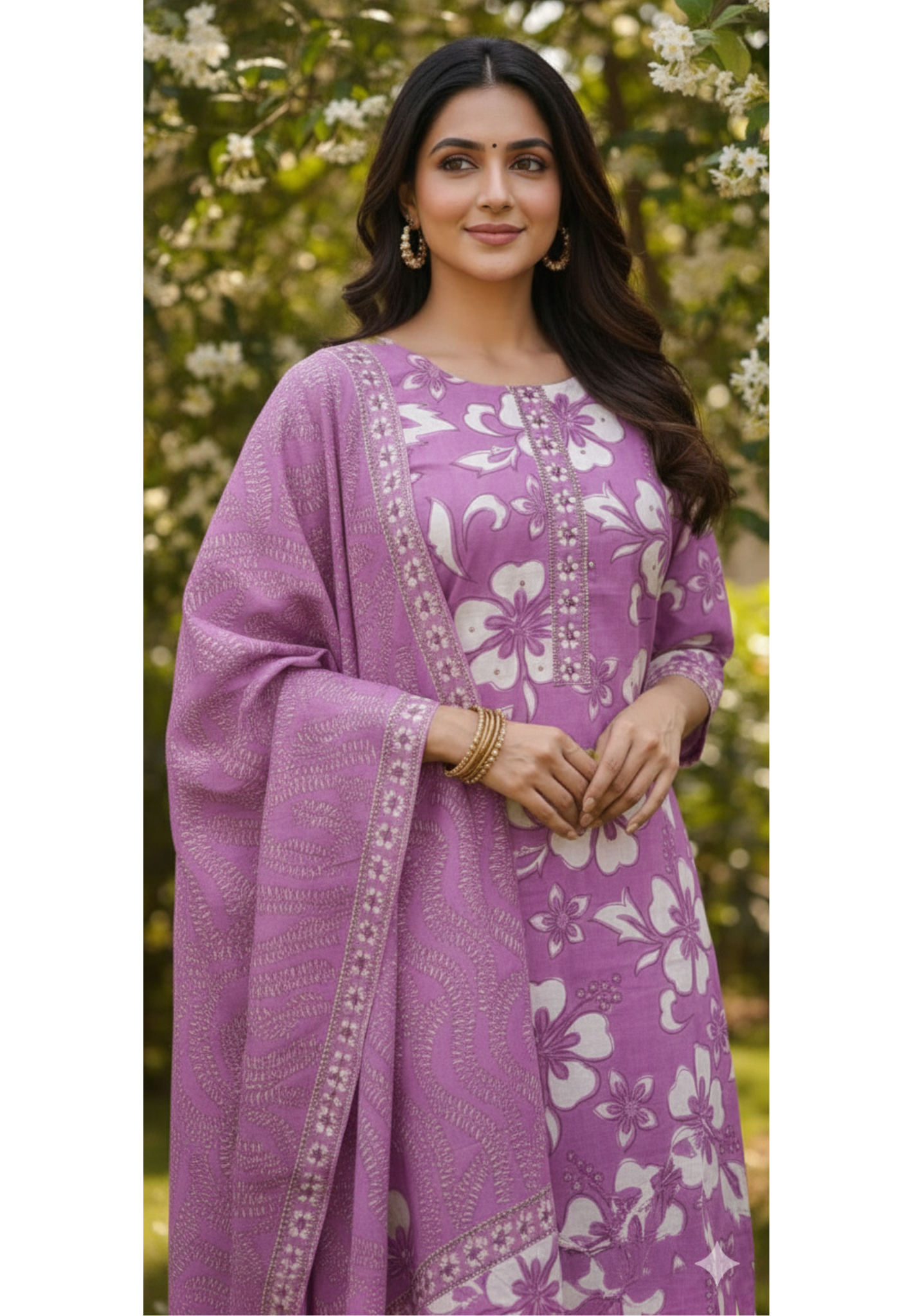 Hibiscus Garden Intricate Embroidery Neckline Cotton Full Suit Set With Dupatta-13553
