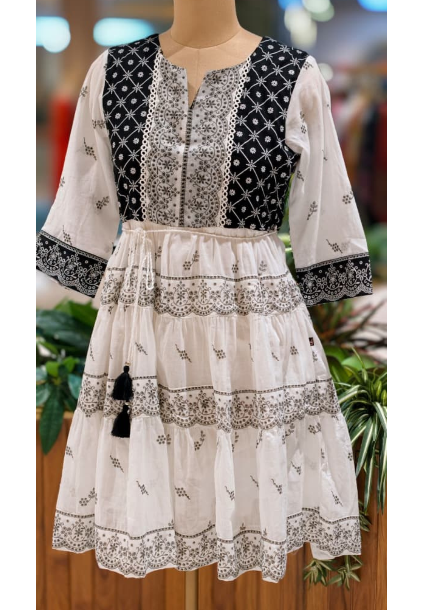 Vintage Lace Look Black & White Tiered Casual Wear Frock- 13517