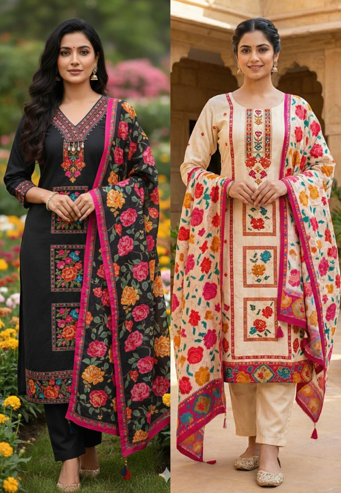 Midnight Bloom Intricate Multicolor Detailing Full Suit Set With Dupatta In Dola Silk Fabric- 13429