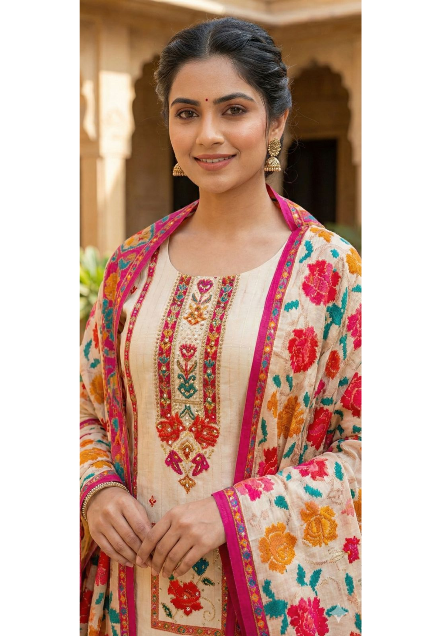 Midnight Bloom Intricate Multicolor Detailing Full Suit Set With Dupatta In Dola Silk Fabric- 13429