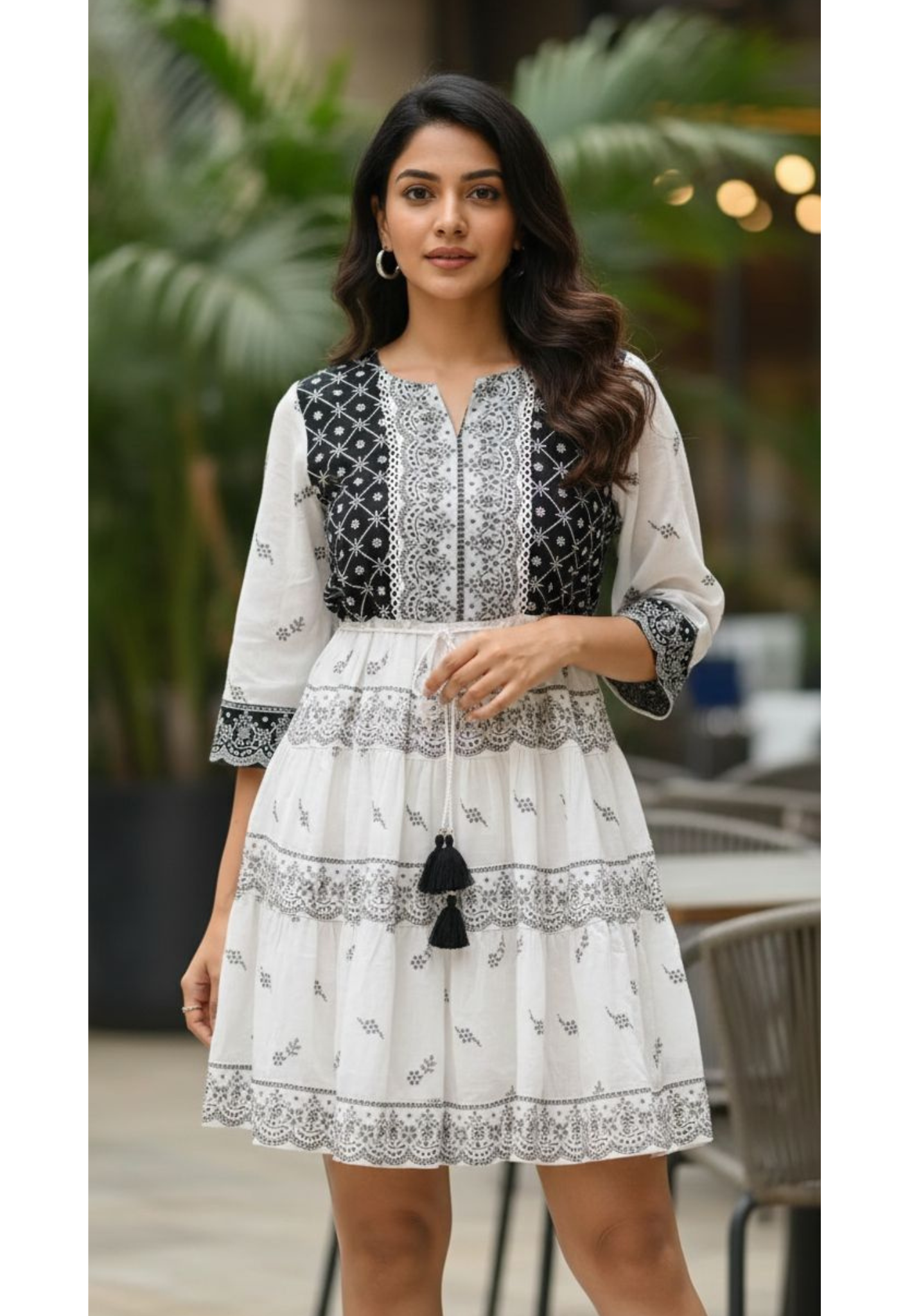 Vintage Lace Look Black & White Tiered Casual Wear Frock- 13517