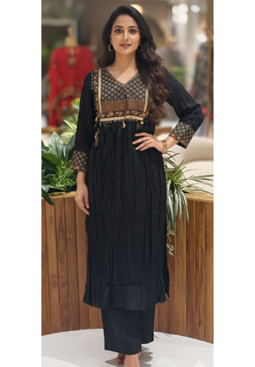 Stylish Pure Brocade Touch Designer Black Crush Look Kurta With Bottom- 13462