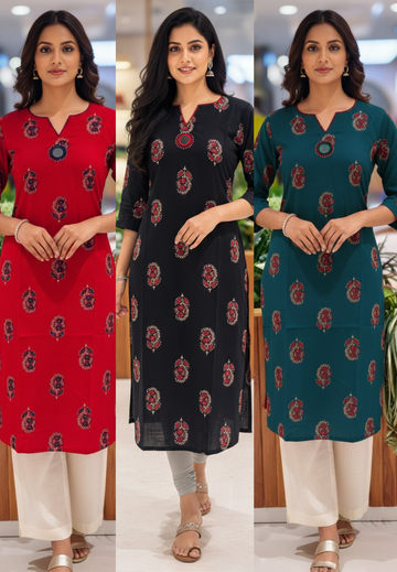 Banjara Bliss Printed V-Notch Neckline Printed A-Line Kurti Only-13523