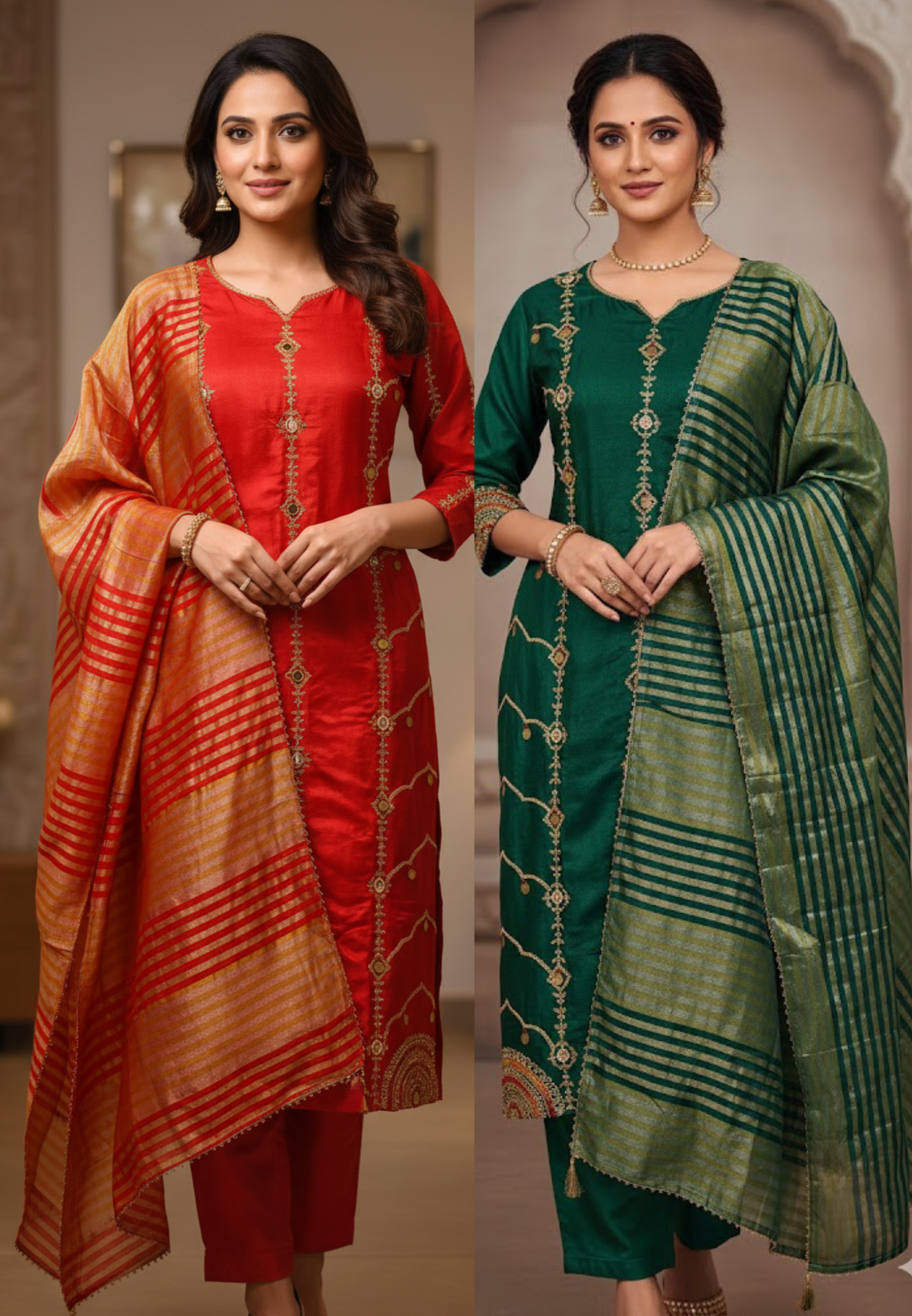 Royal Look Grand Handwork Silk Full Suit Set With Tissue Striped Dupatta- 13447