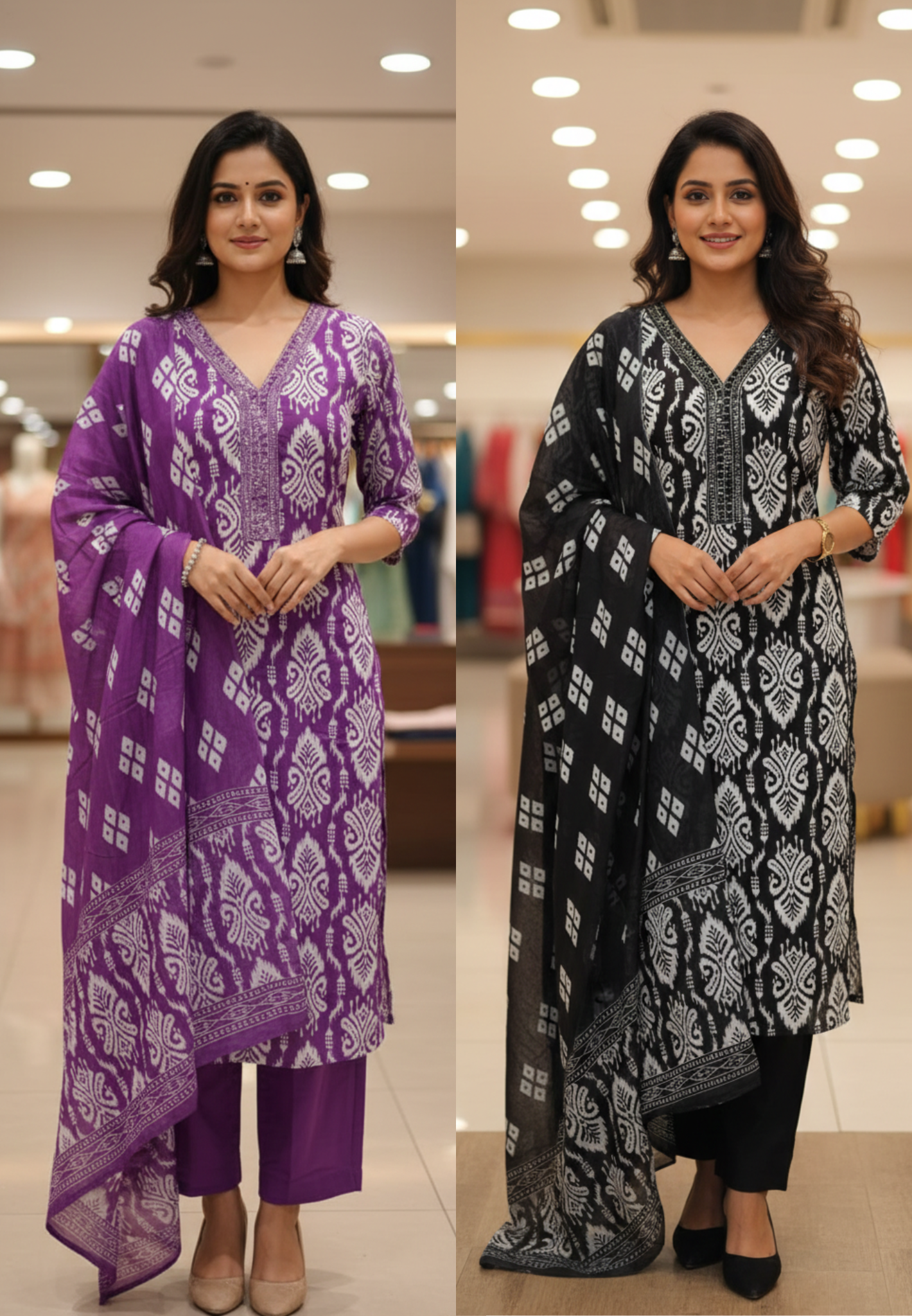 Linear Abstract Print Thread Embroidered Neck Line Cotton Full Suit Set With Dupatta