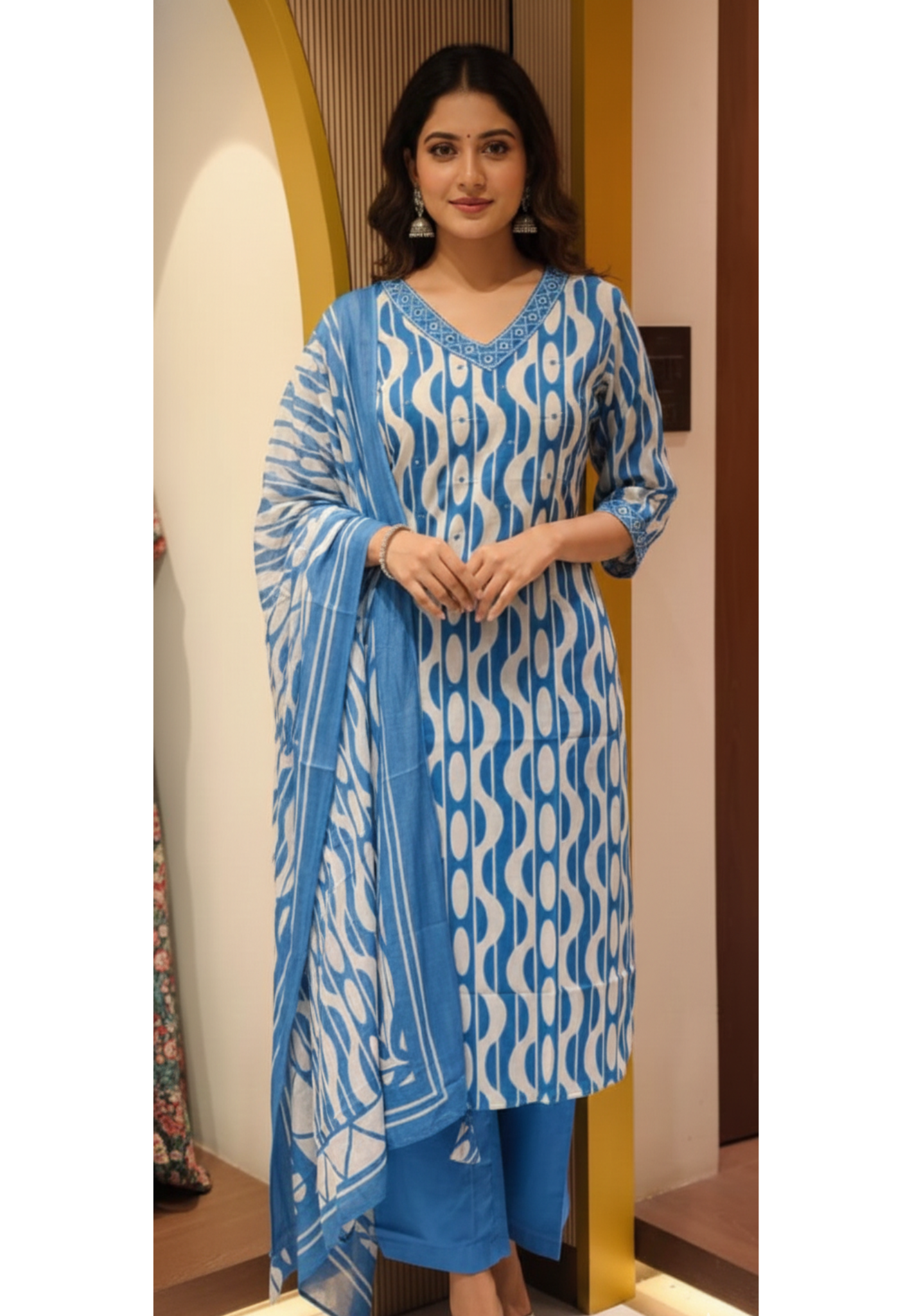 Abstract Print Wavy Print Minimal Neck Line Cotton Full Suit Set With Dupatta In Cotton Fabric-13553