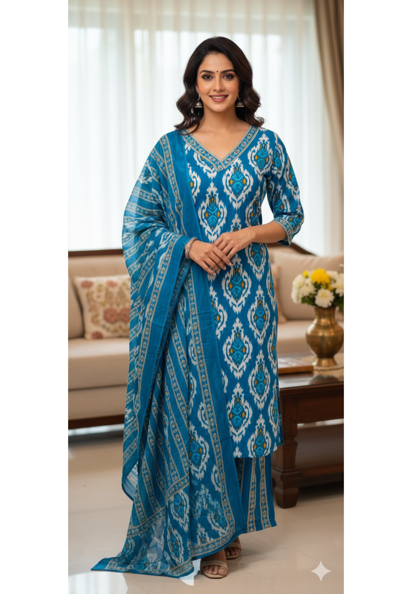 V-neck Aqua Bloom Printed Full Suit Set With Dupatta In Cotton Fabric
