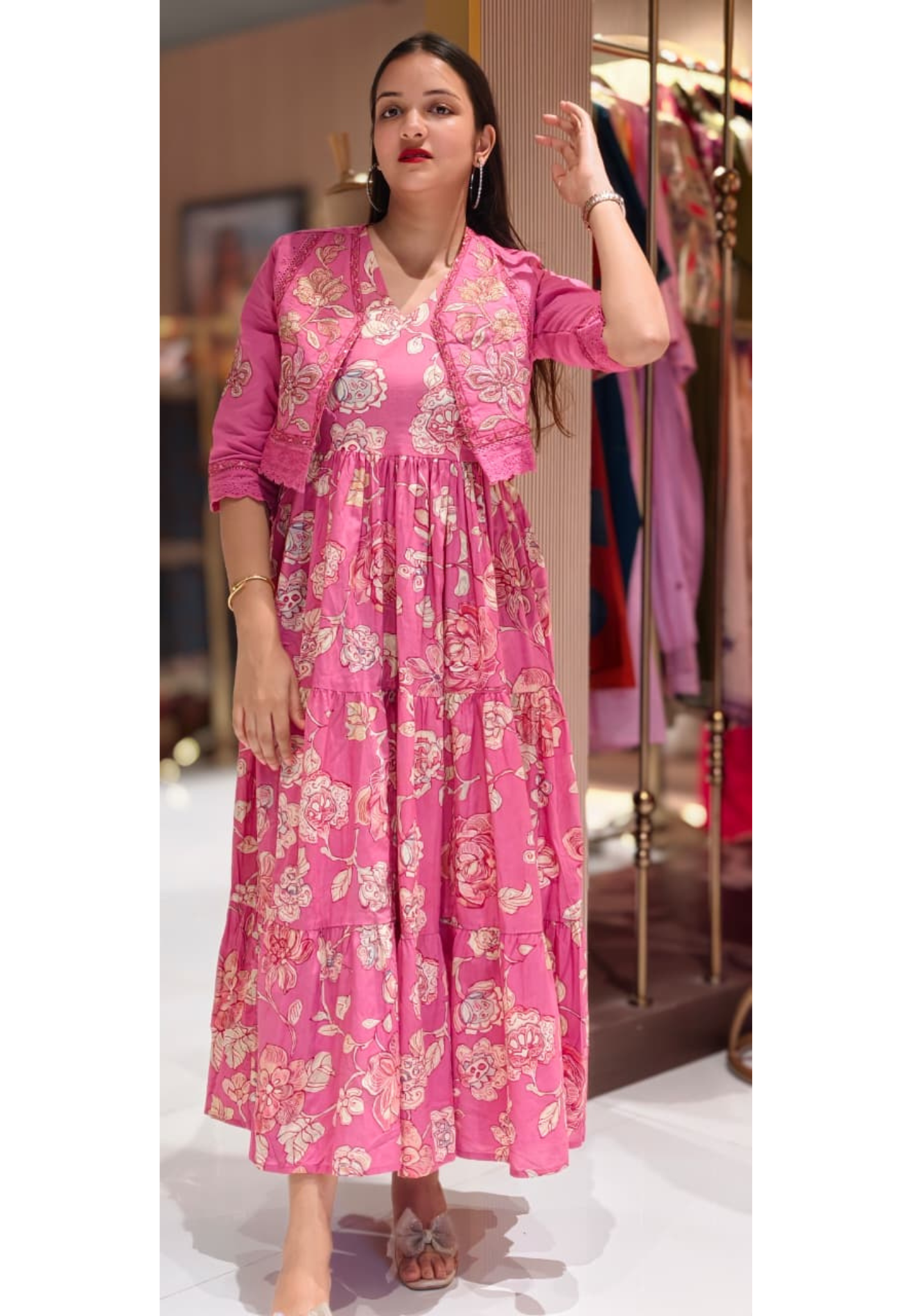 Spring Flora Embroidered Jacket With Printed Gown In Cotton Fabric- 13587