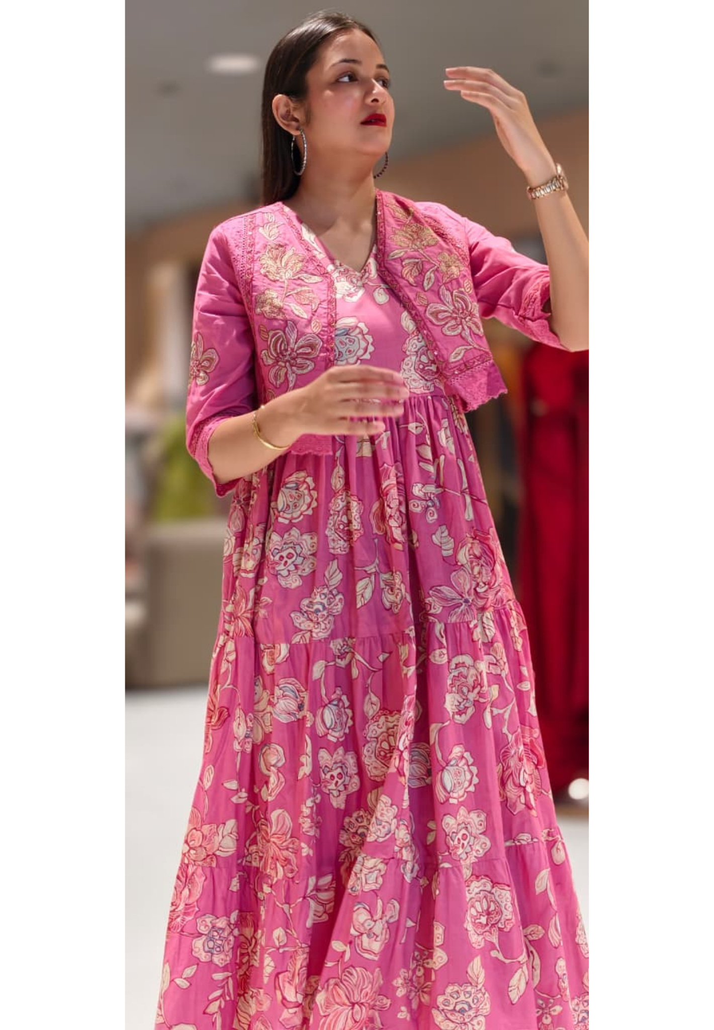Spring Flora Embroidered Jacket With Printed Gown In Cotton Fabric- 13587