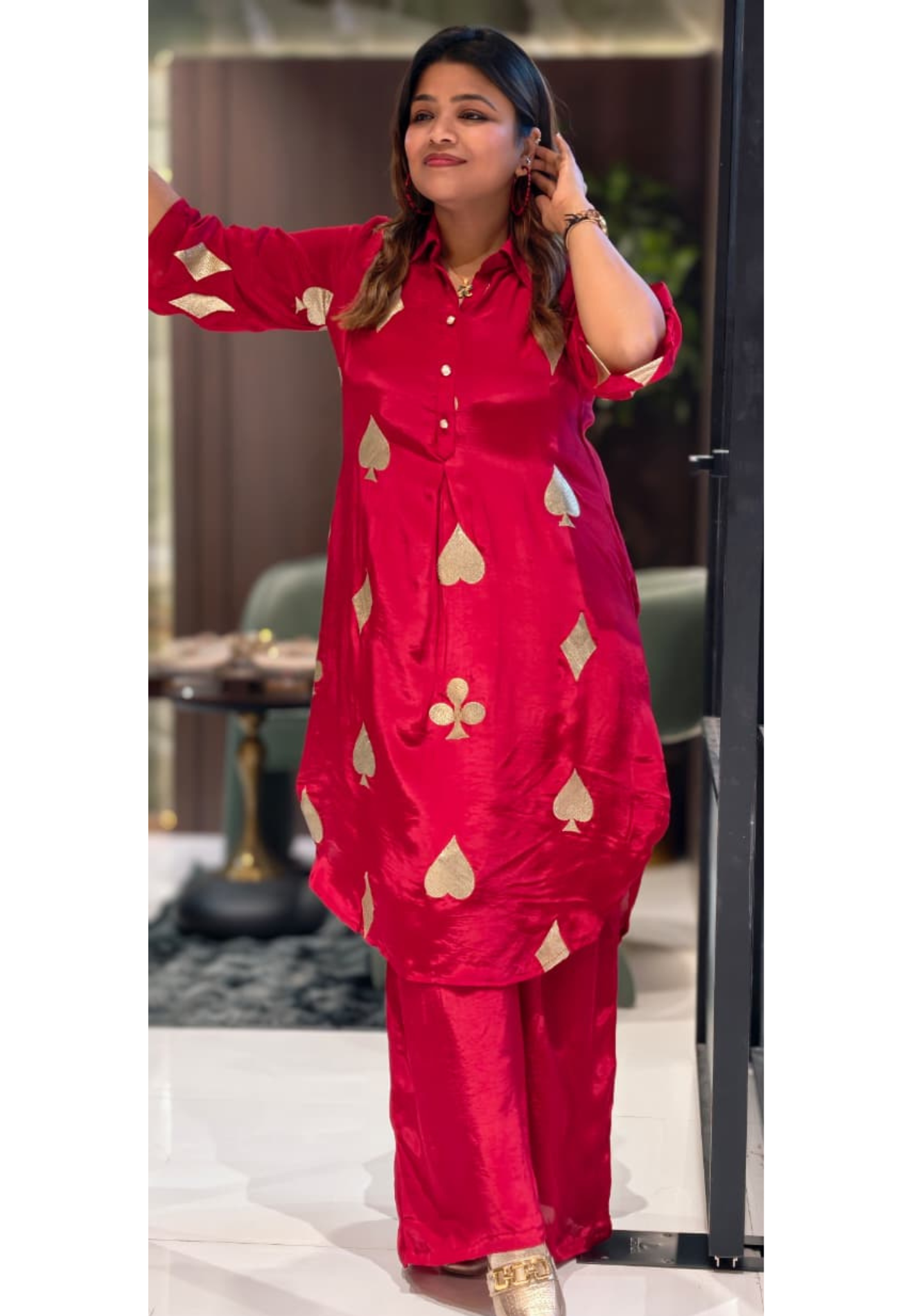 Solitaire Inspired Golden Highlight Vibrant Co-Ord Set In Crepe Fabric- 13599