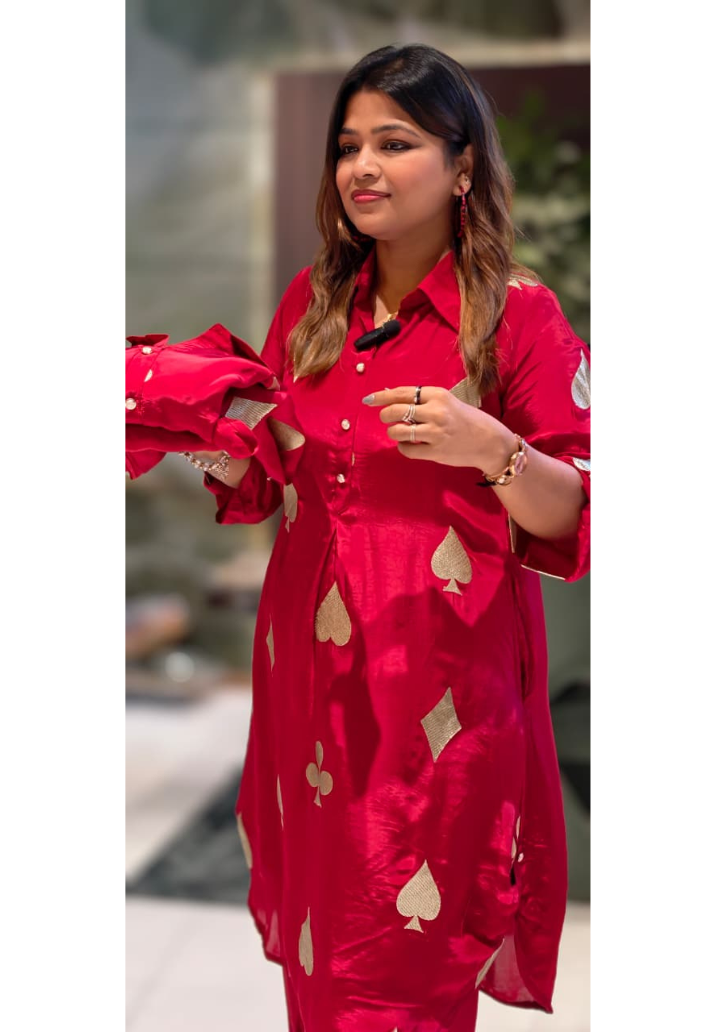 Solitaire Inspired Golden Highlight Vibrant Co-Ord Set In Crepe Fabric- 13599