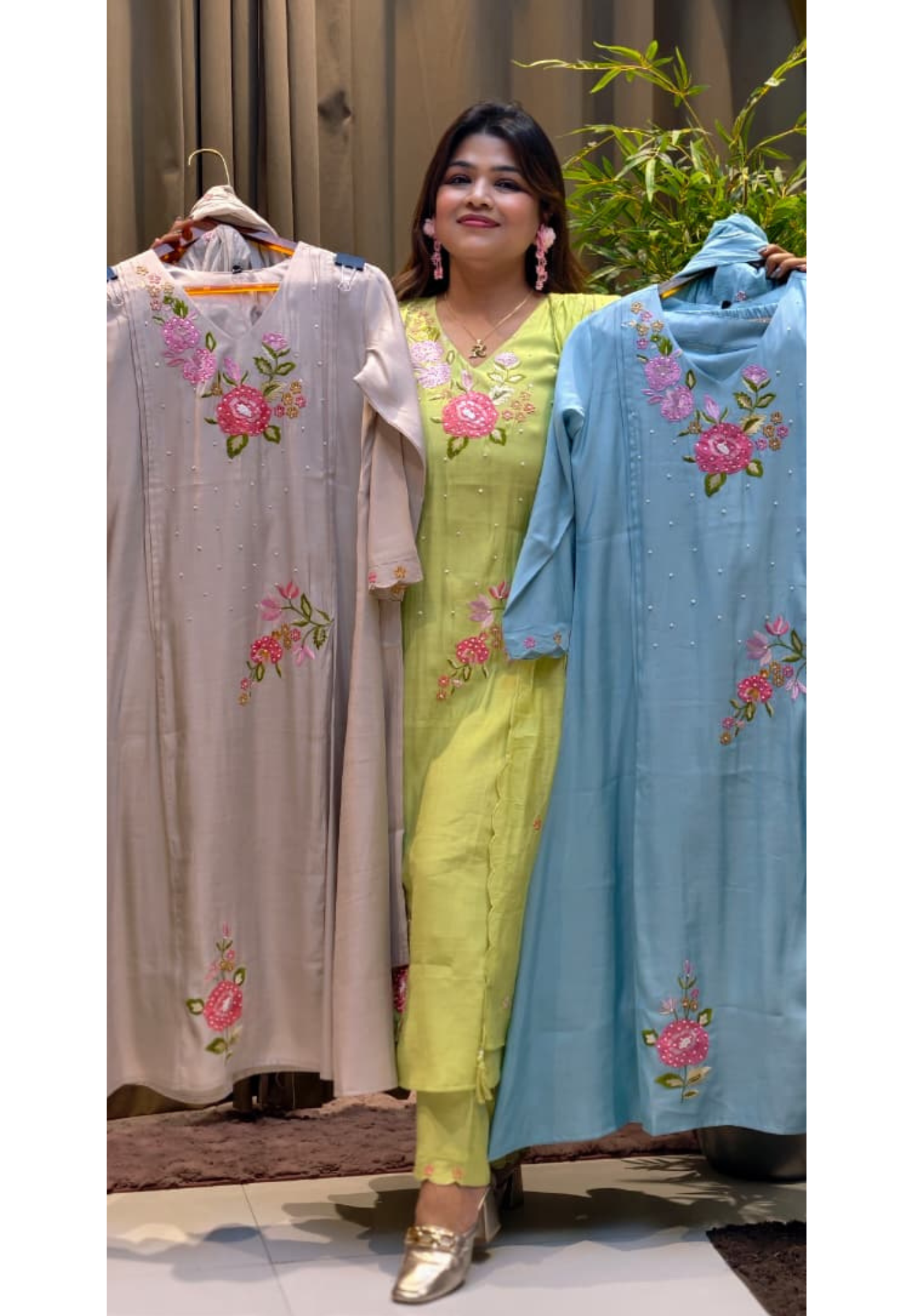 Slightly Lean Fit Suttle Floral Embroidery With Pearl Upwork A-Line Full Suit Set With Dupatta In Surat Mul Chanderi Fabric- 13609 (Slightly Lean Fit)