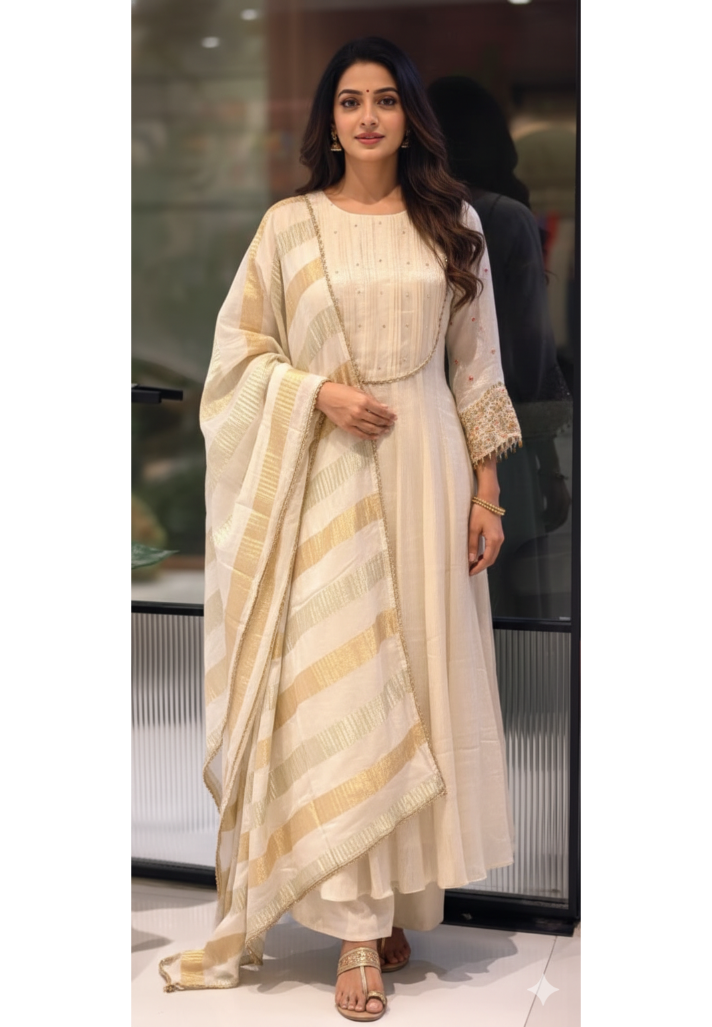 Crush Elegance Golden Lace Highlight & Sequin Handwork Sleeve Tissue Anarkali Full Suit Set With Dupatta- 13611